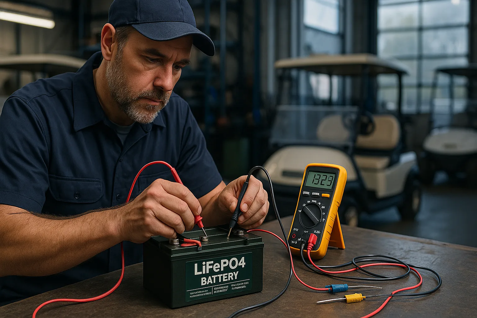 Technician testing a LiFePO4 golf cart battery pack using a digital multimeter in a professional workshop.