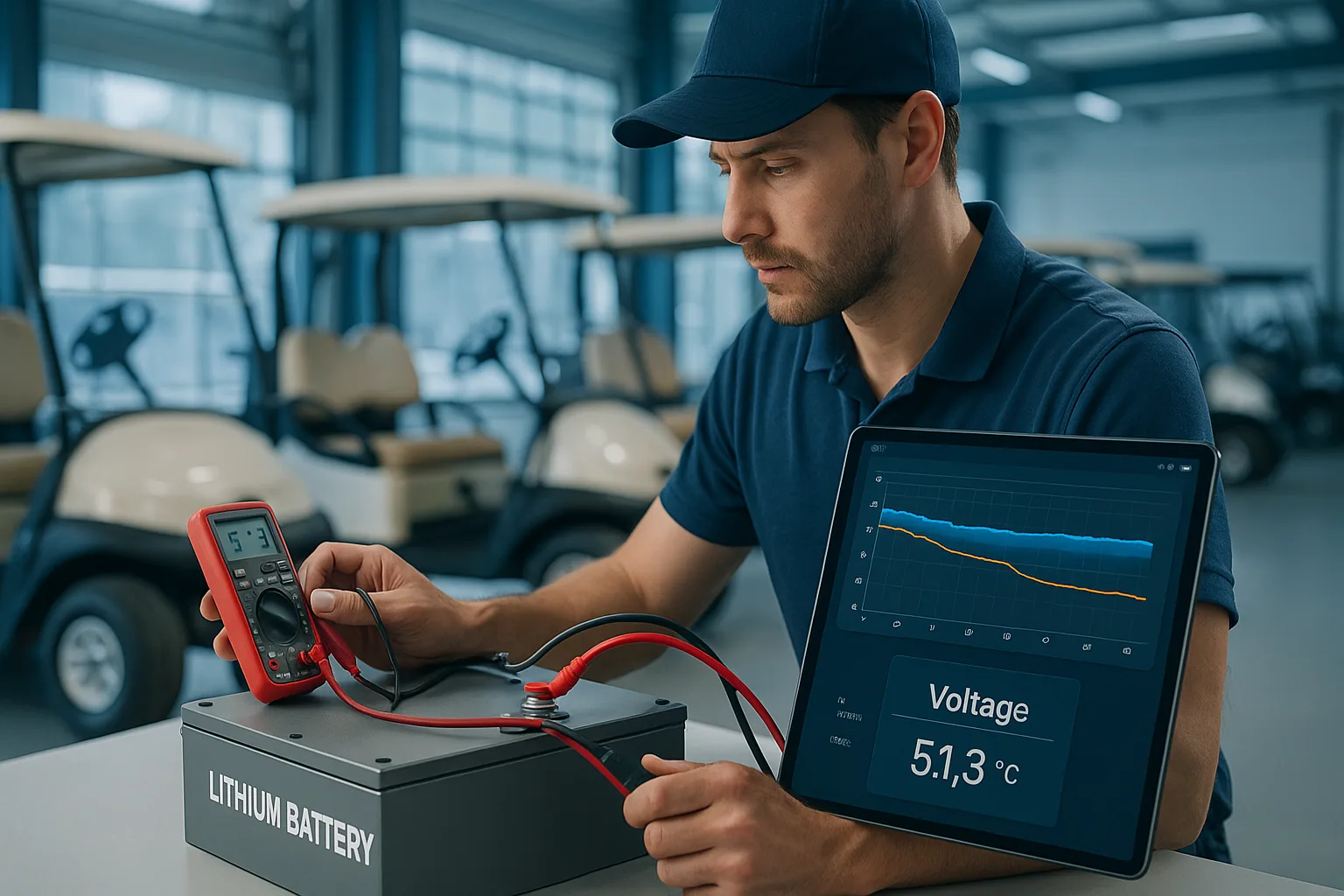 Technician checking a lithium golf cart battery pack using a multimeter and tablet showing voltage and temperature data in modern workshop lighting.