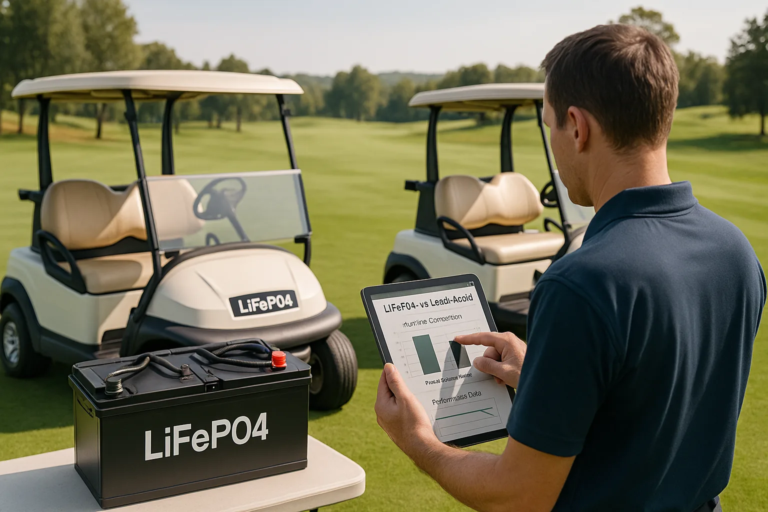 Technician comparing runtime data between LiFePO4-powered and lead-acid golf carts using diagnostic tablet on green golf course.