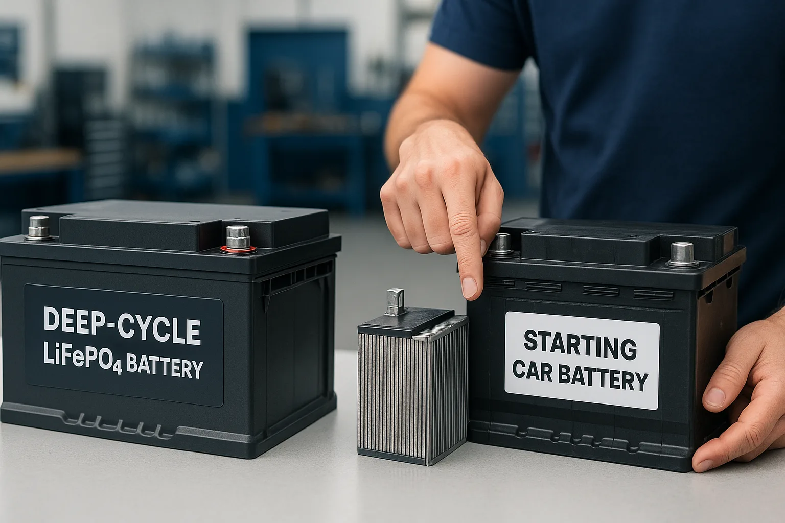 Side-by-side comparison of deep-cycle LiFePO4 battery and starting car battery, technician pointing at thick vs thin internal plates.