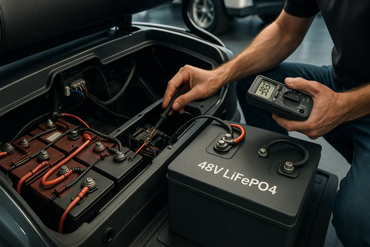 Engineer testing LiFePO4 battery pack using an electronic load tester, screen displaying voltage stability and internal resistance data.