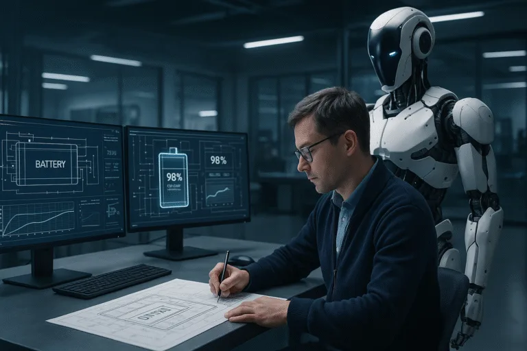 Engineer designing the power system of an advanced AI robot inside a robotics laboratory with battery schematics on digital screens.