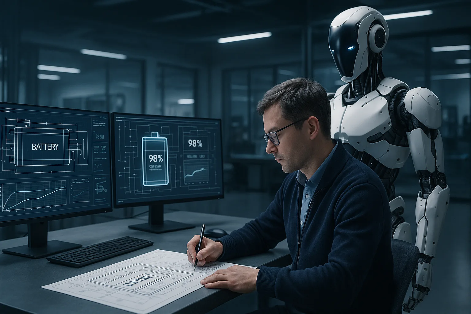 Engineer designing the power system of an advanced AI robot inside a robotics laboratory with battery schematics on digital screens.