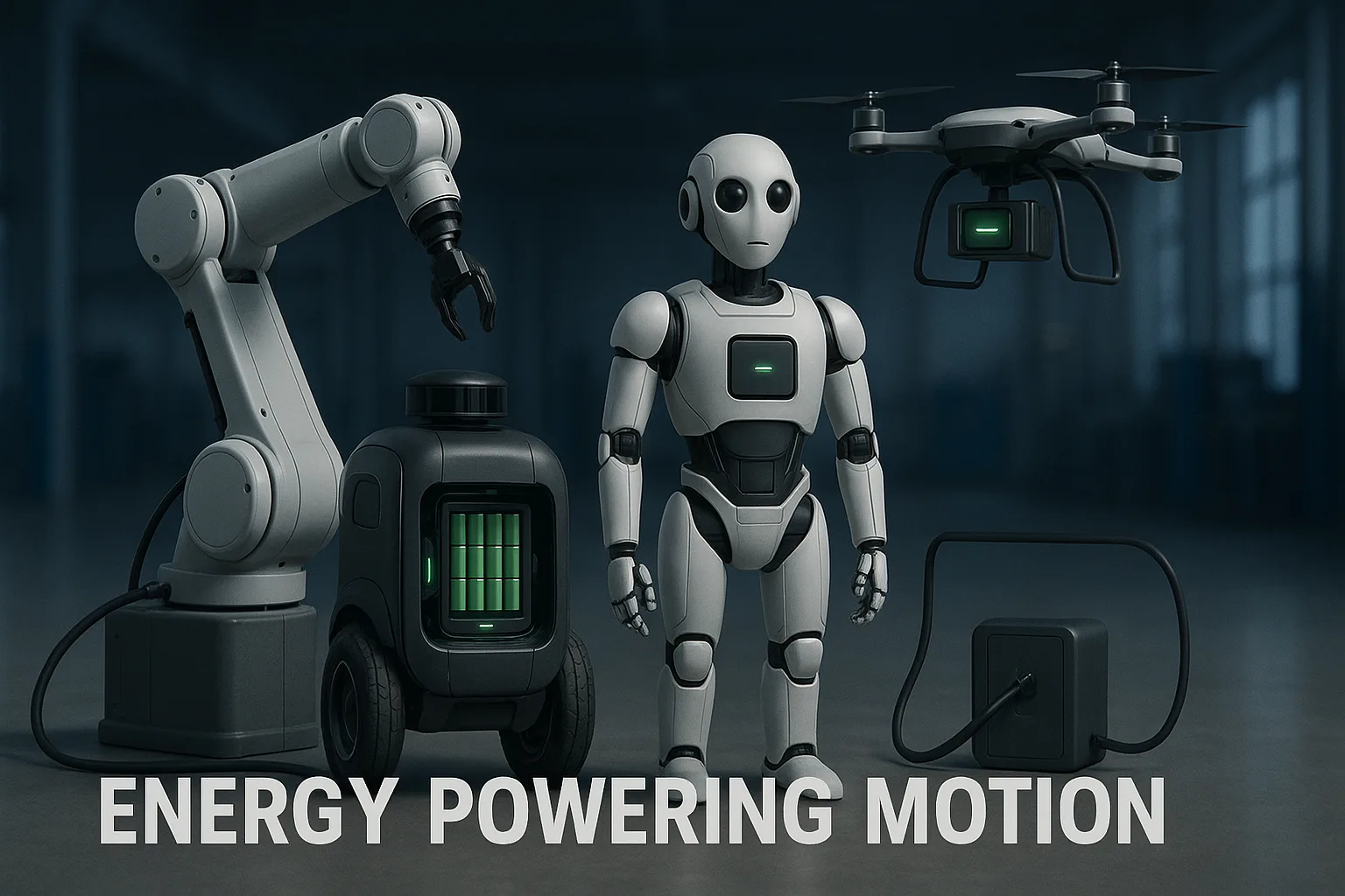 Industrial arm, delivery robot, humanoid, and drone displayed together with visible batteries and power cables, symbolizing “Energy Powering Motion.”