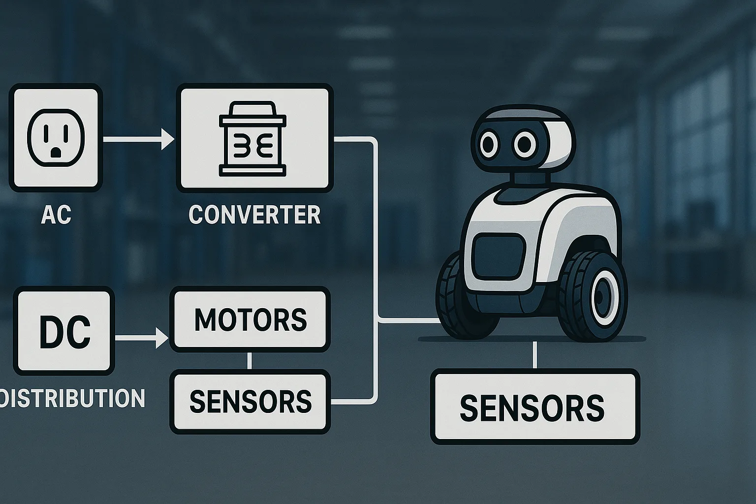 Diagram illustrating power flow from AC wall outlet to converter and DC distribution powering robot motors, sensors, and processors in a robotics lab environment.