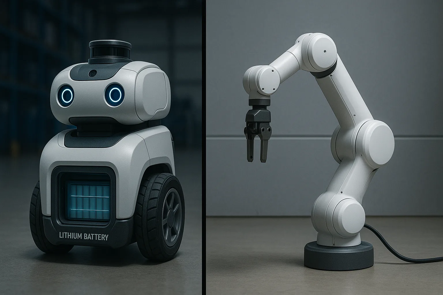 Split-scene comparison showing a mobile robot powered by a lithium battery pack on the left and a stationary robotic arm connected to an AC power cable on the right.