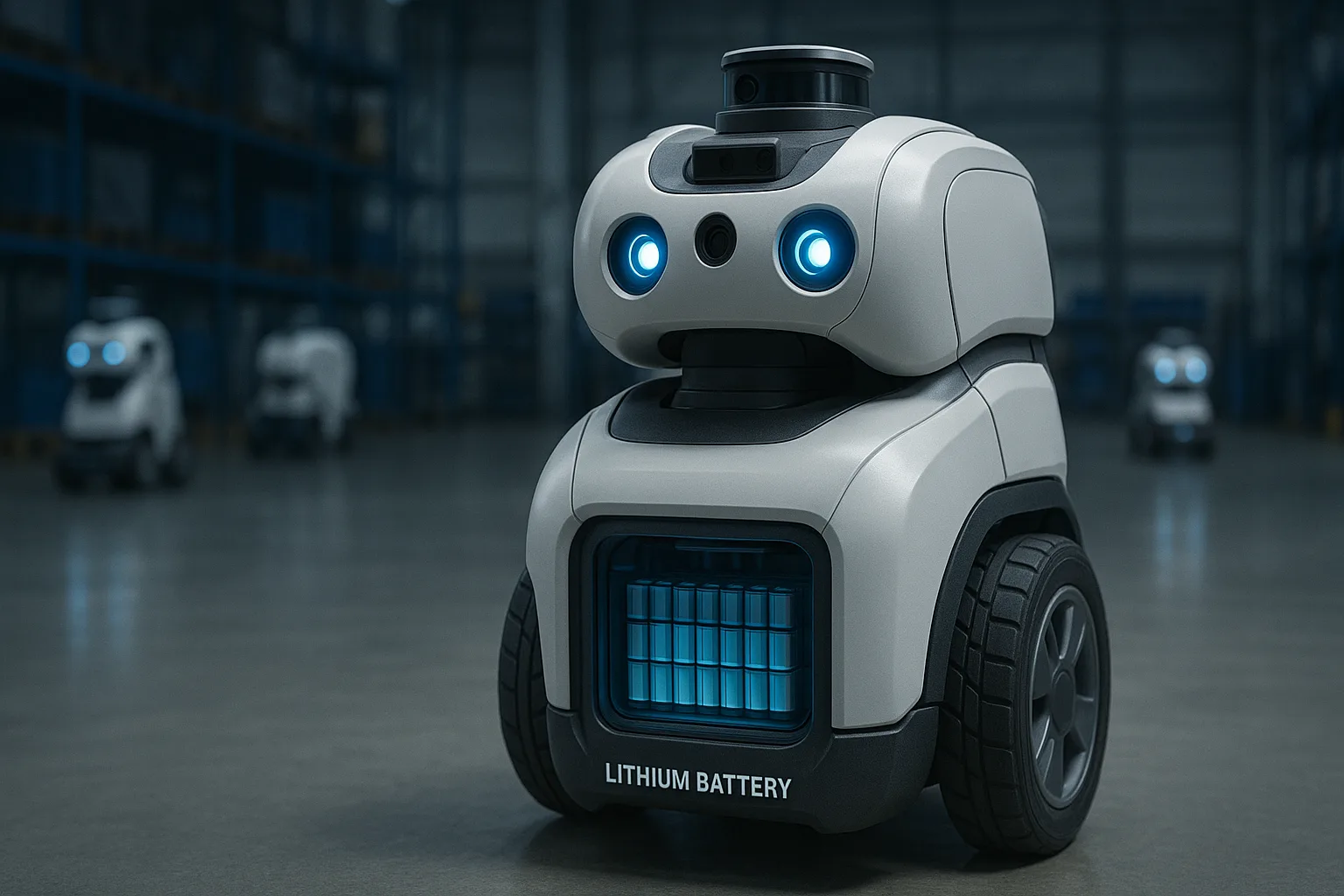 Autonomous warehouse robot equipped with visible lithium battery module and LiDAR sensors, operating among multiple robots in a modern warehouse.