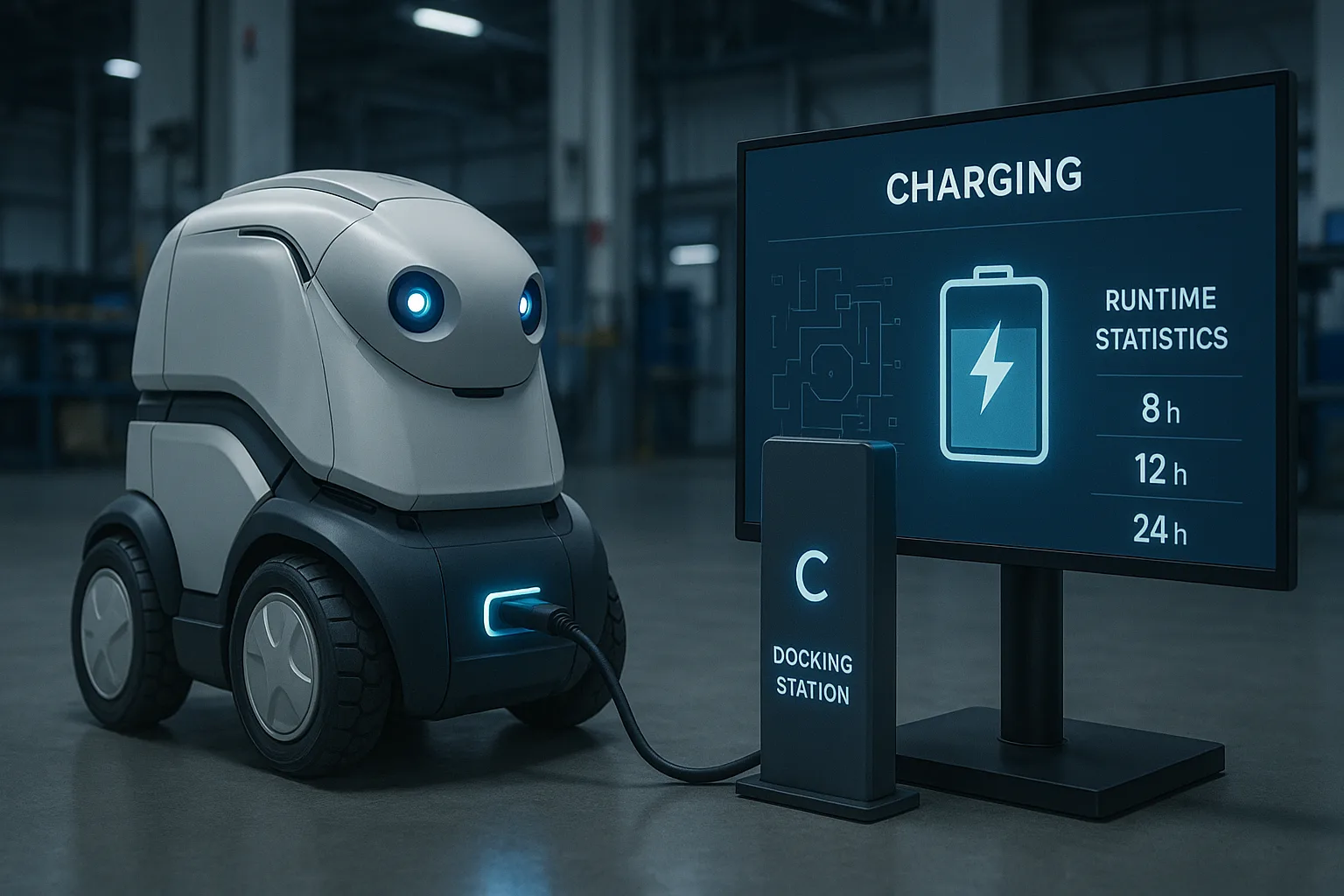 Autonomous mobile robot charging at a docking station with digital screen showing runtime statistics of 8h, 12h, and 24h inside an industrial robotics lab.