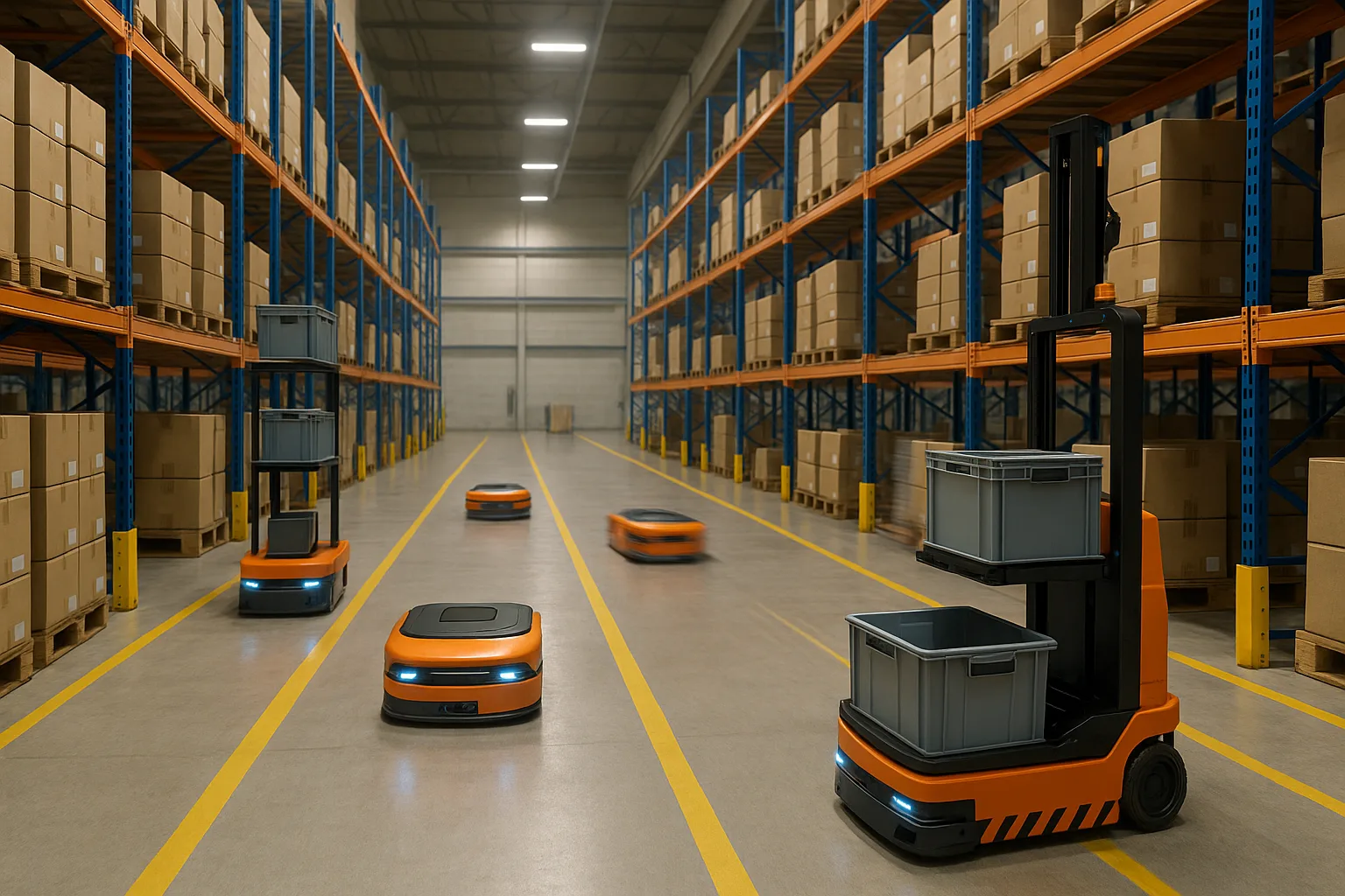 Industrial warehouse with multiple AGV and AMR robots moving along yellow floor lines between racks, showing automation and smart logistics.