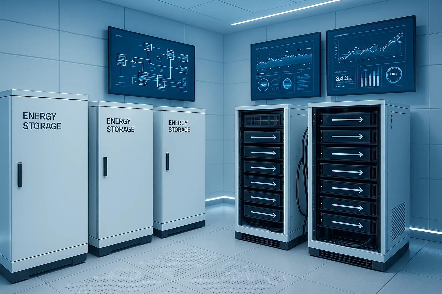 Clean futuristic energy storage room with white power cabinets, data screens, and blue lighting, representing smart grid and backup energy systems.
