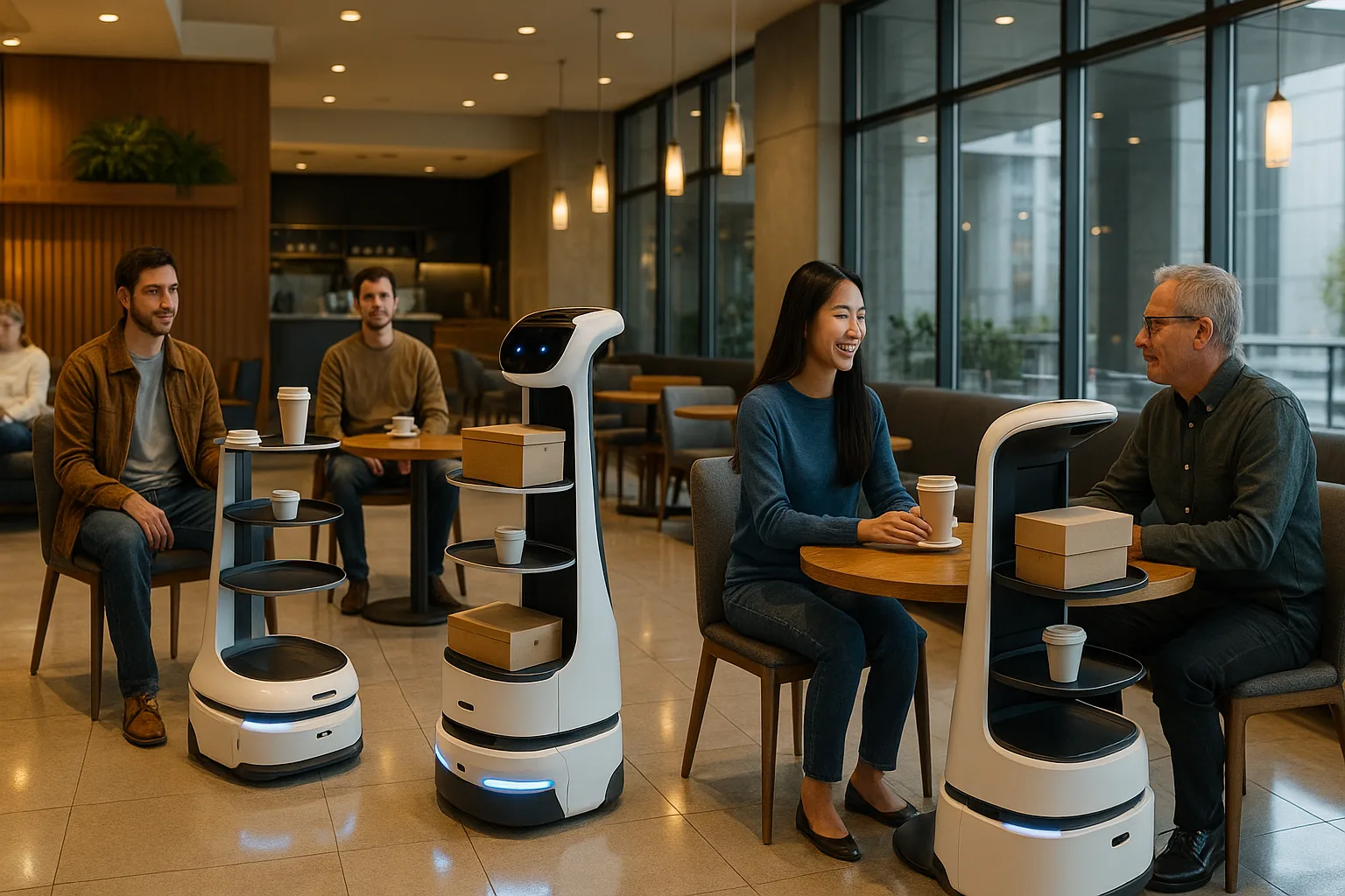 Modern café or office lobby with service robots delivering coffee and parcels to customers, warm indoor light and futuristic atmosphere.