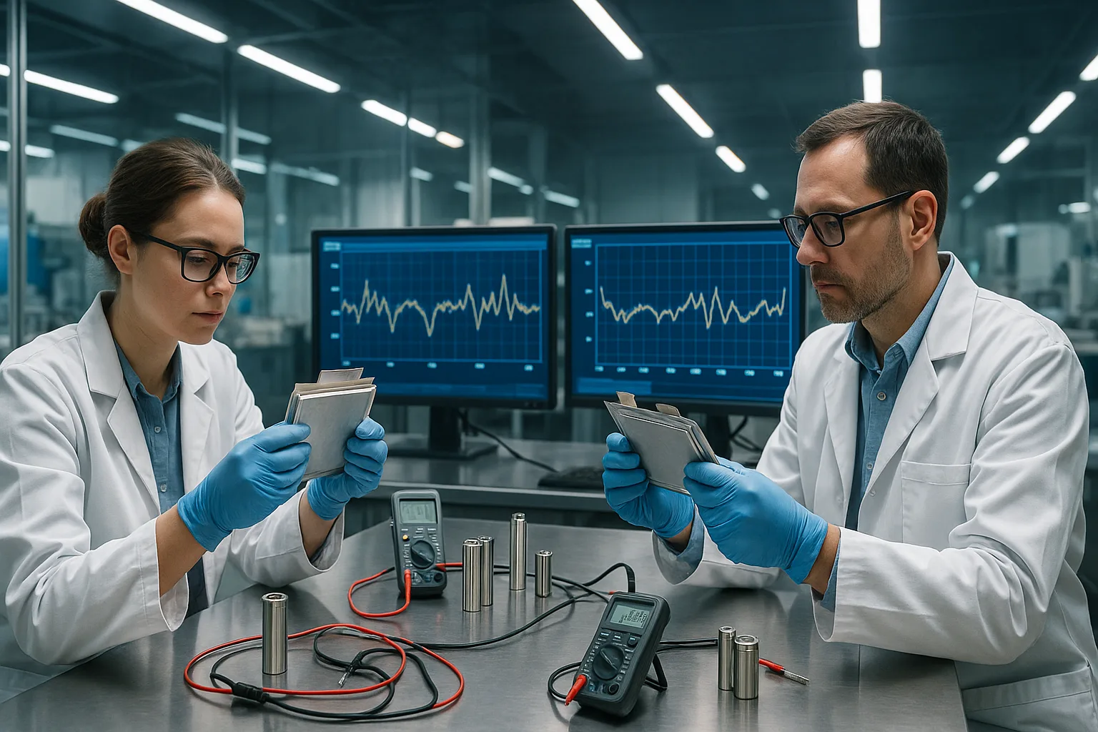 Engineers analyzing lithium-ion and sodium-ion battery cells on a stainless bench with digital voltage graphs in a modern research laboratory.