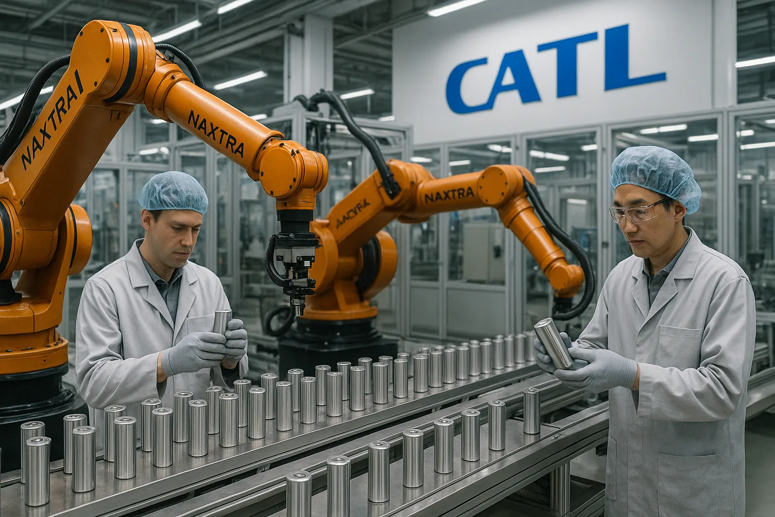 CATL factory production line assembling sodium-ion Naxtra battery cells with robotic arms and technicians inspecting cylindrical cells.