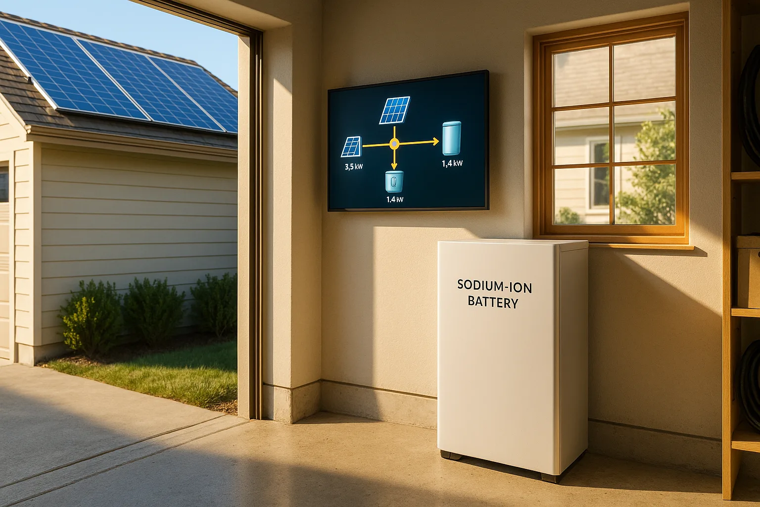 Modern home garage with sodium-ion battery storage cabinet and solar panels, digital energy flow display showing solar power distribution.