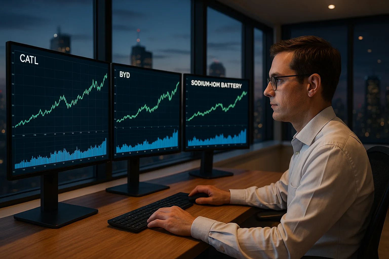 Financial analyst studying CATL, BYD, and sodium-ion battery sector growth charts on multiple monitors with city skyline background at dusk.