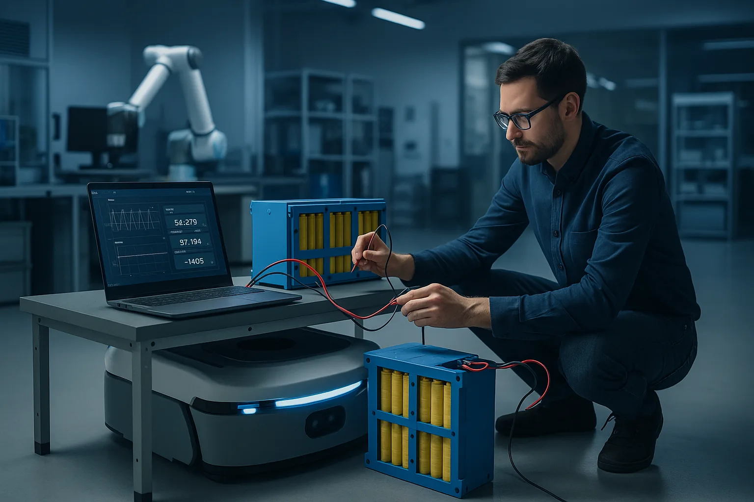 Engineer testing a custom lithium battery pack connected to an autonomous warehouse robot in a modern robotics laboratory.
