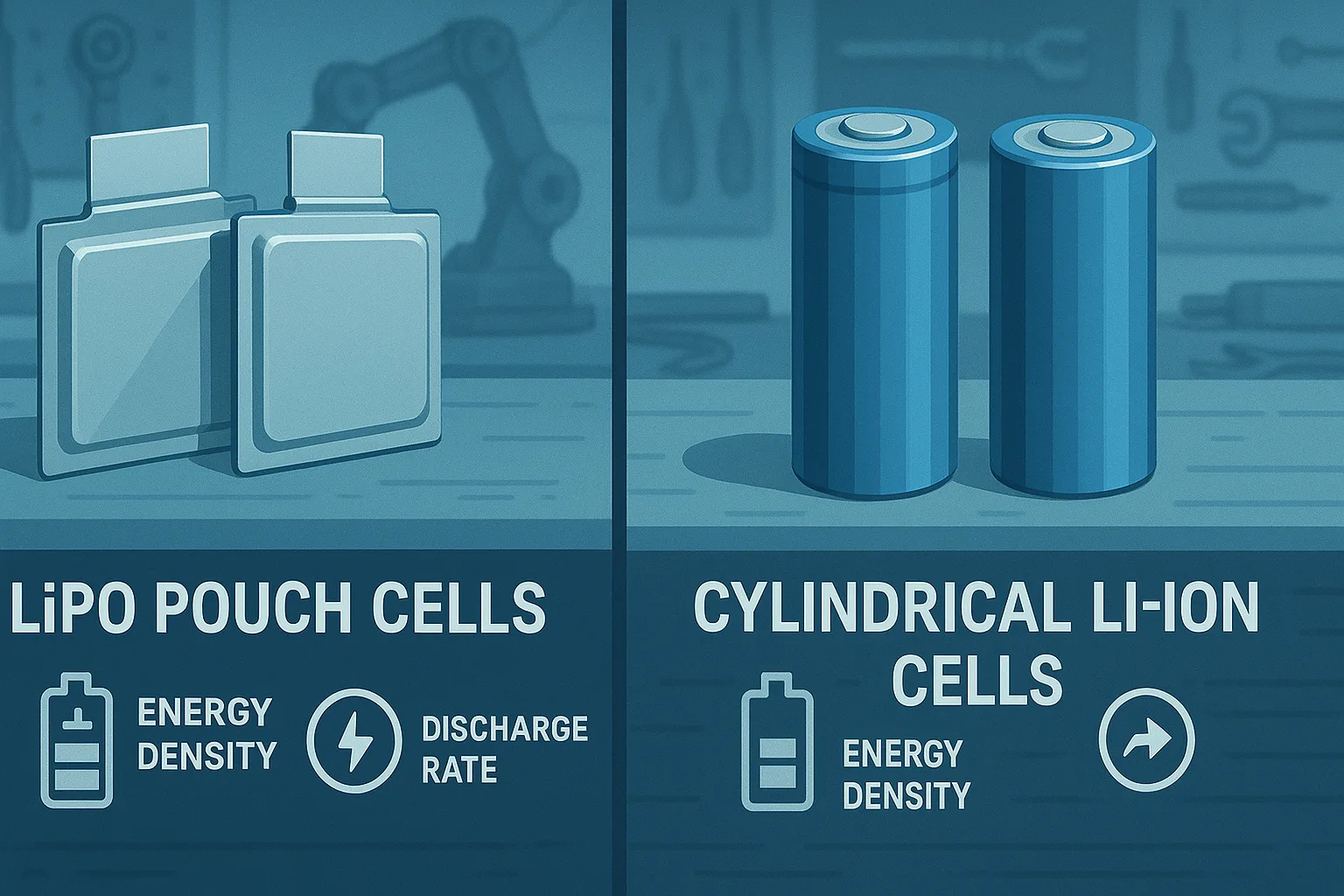 Educational comparison of LiPo pouch cells and cylindrical Li-ion cells with icons for energy density and discharge rate on a robotics workbench background.