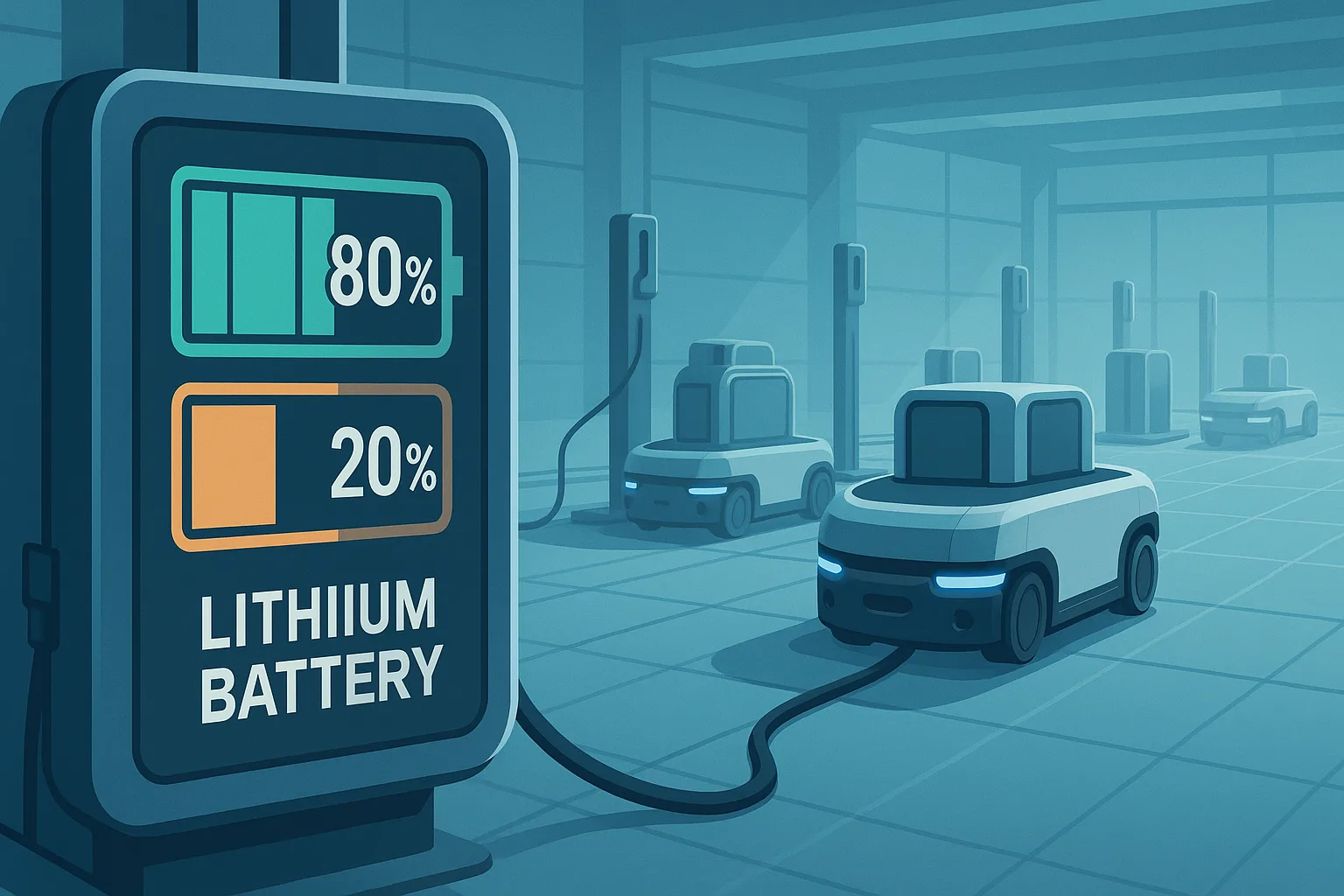Infographic of lithium battery charging dock showing 80% green and 20% orange charge levels with warehouse robots parked nearby under cool lighting.