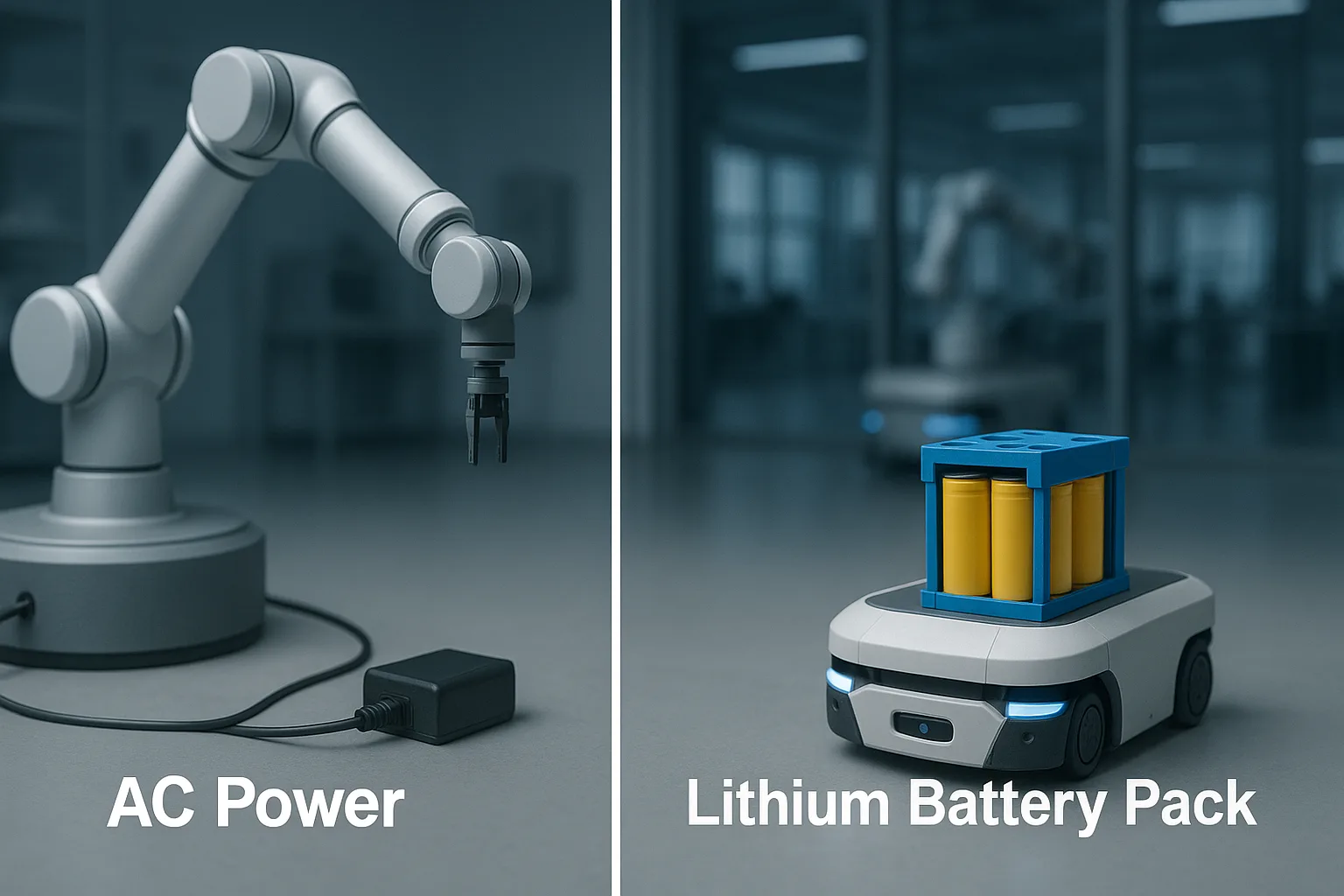 Split-scene showing a stationary robotic arm powered by AC electricity beside a mobile robot using a lithium battery pack in an industrial workshop.