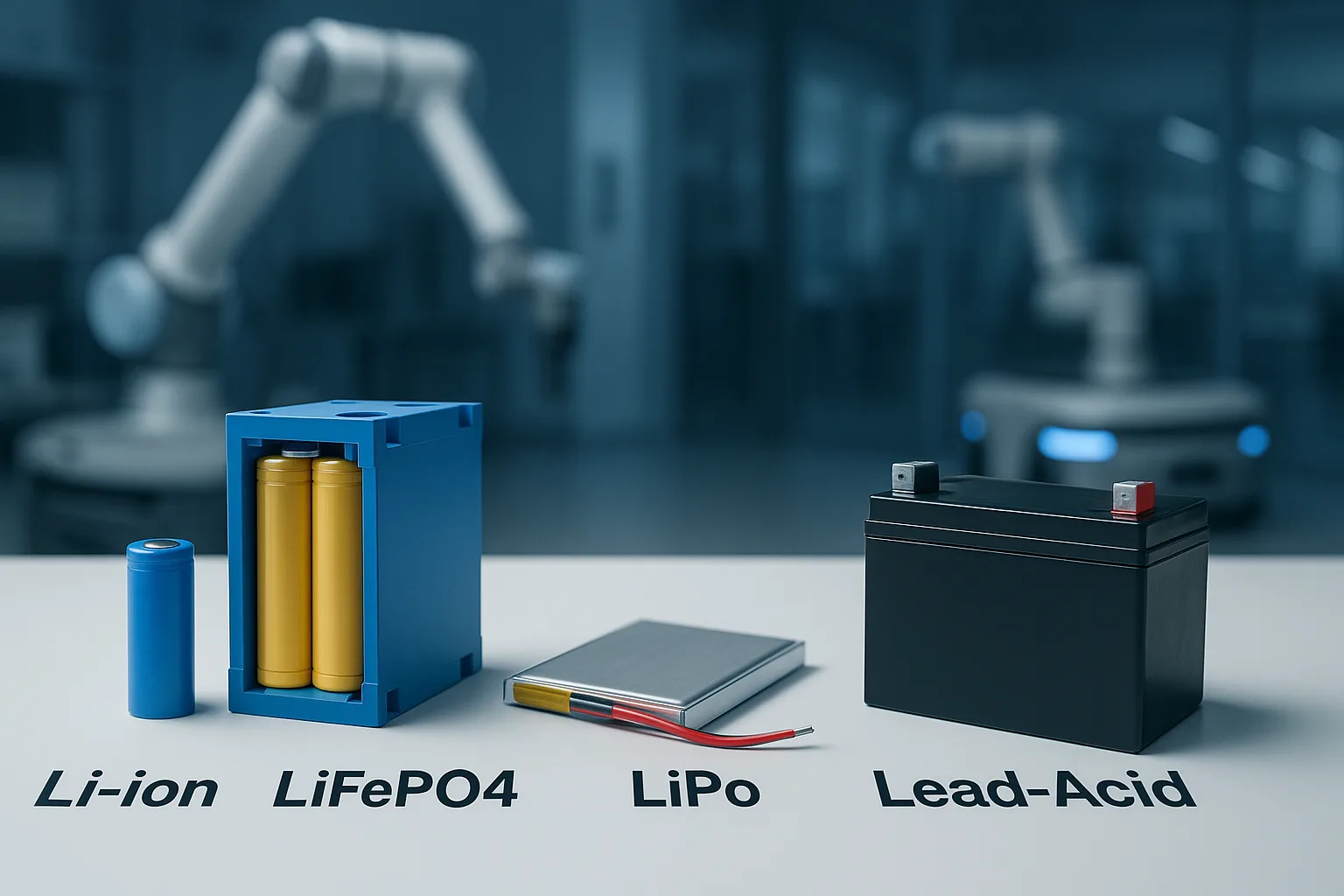 Close-up comparison of different lithium battery types—Li-ion, LiFePO4, LiPo, and lead-acid—arranged on a white surface with labels in a robotics lab.