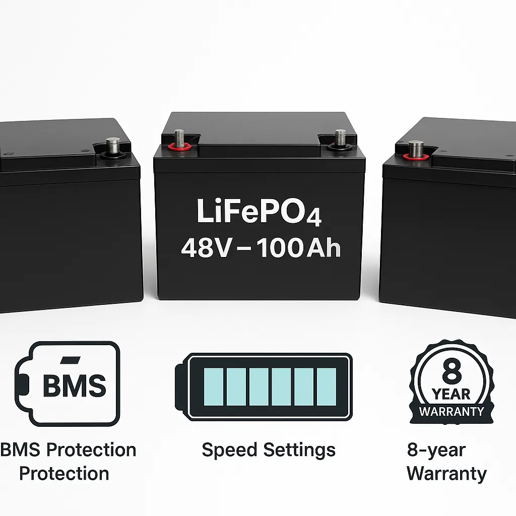 Three high-quality LiFePO4 48V 100Ah lithium batteries displayed on a white background with BMS protection, CE, UN38.3, and 8-year warranty icons.