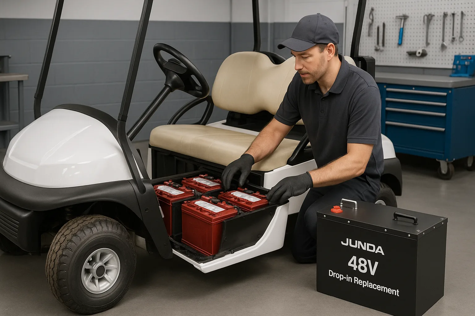 Technician inspecting lead-acid batteries next to a 48V Junda lithium battery pack labeled “Drop-in Replacement” in a modern golf cart workshop.