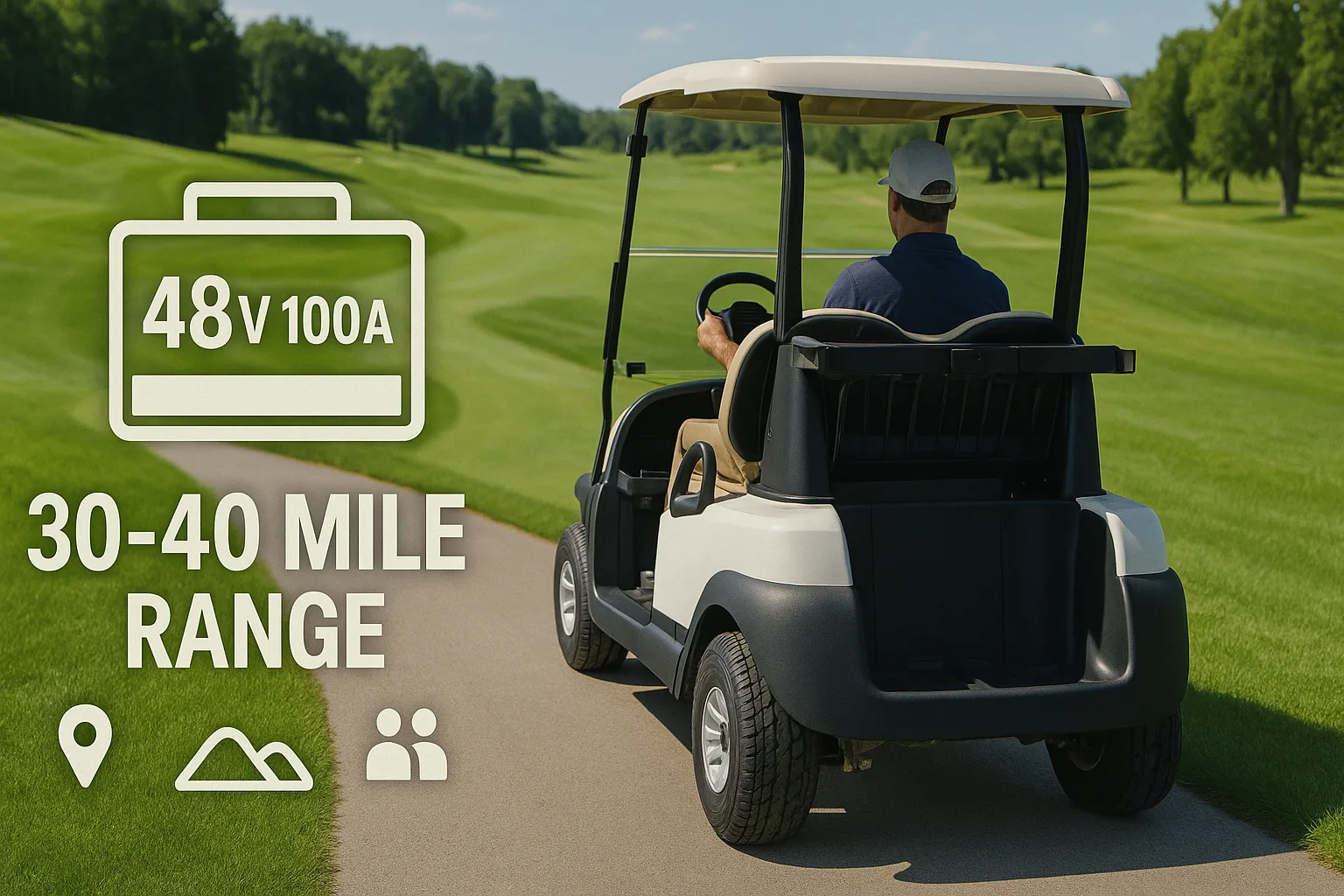 Golf cart driving on a green golf course trail with overlay text “48V 100Ah – 30-40 Mile Range” and icons for distance, terrain, and passengers.