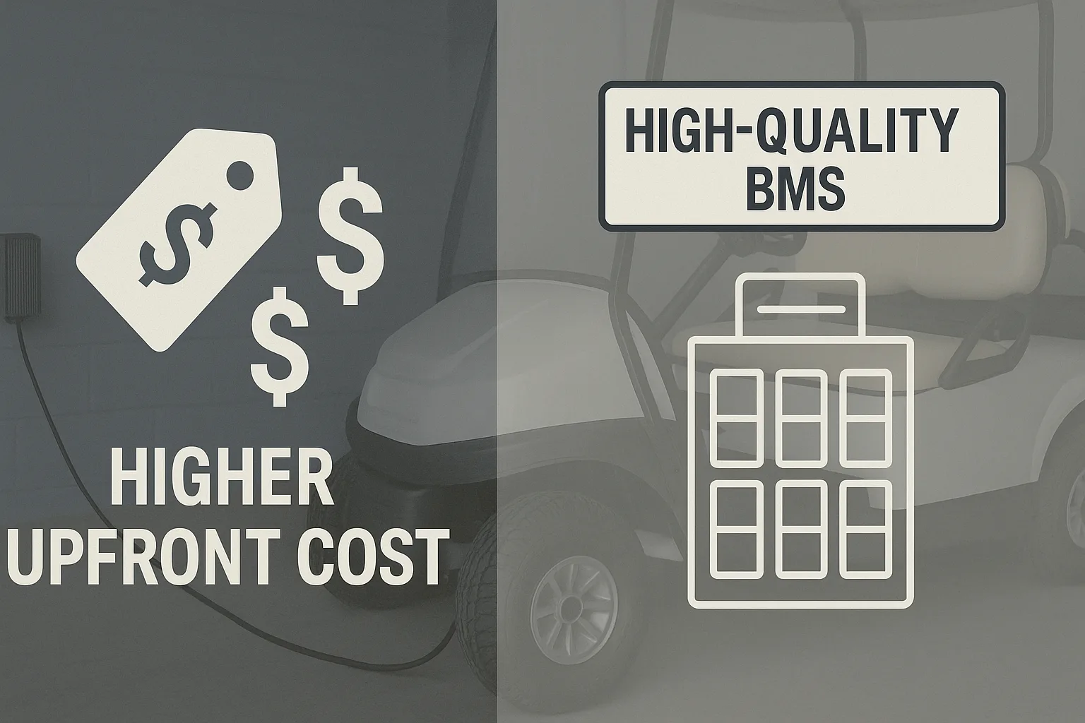 Split infographic showing higher upfront cost with dollar icons on the left and a labeled high-quality BMS battery diagram on the right, golf cart faint in background.