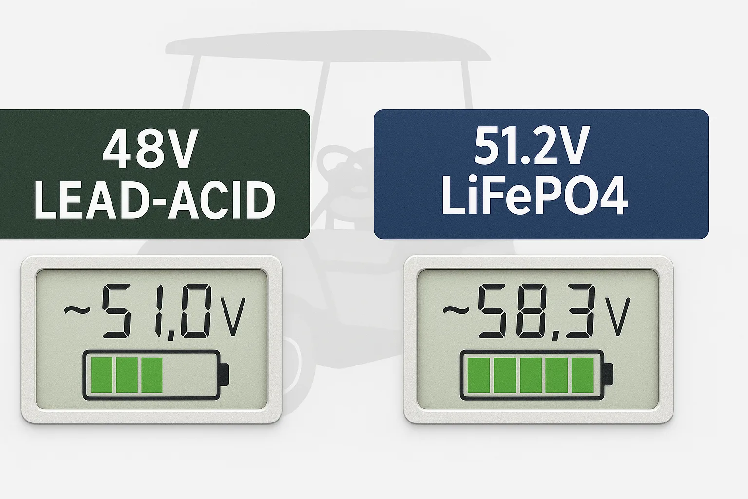 Side-by-side comparison of 48V lead-acid and 51.2V LiFePO4 battery labels with digital voltmeter overlays showing 51.0V vs 58.3V, golf cart silhouette in background.