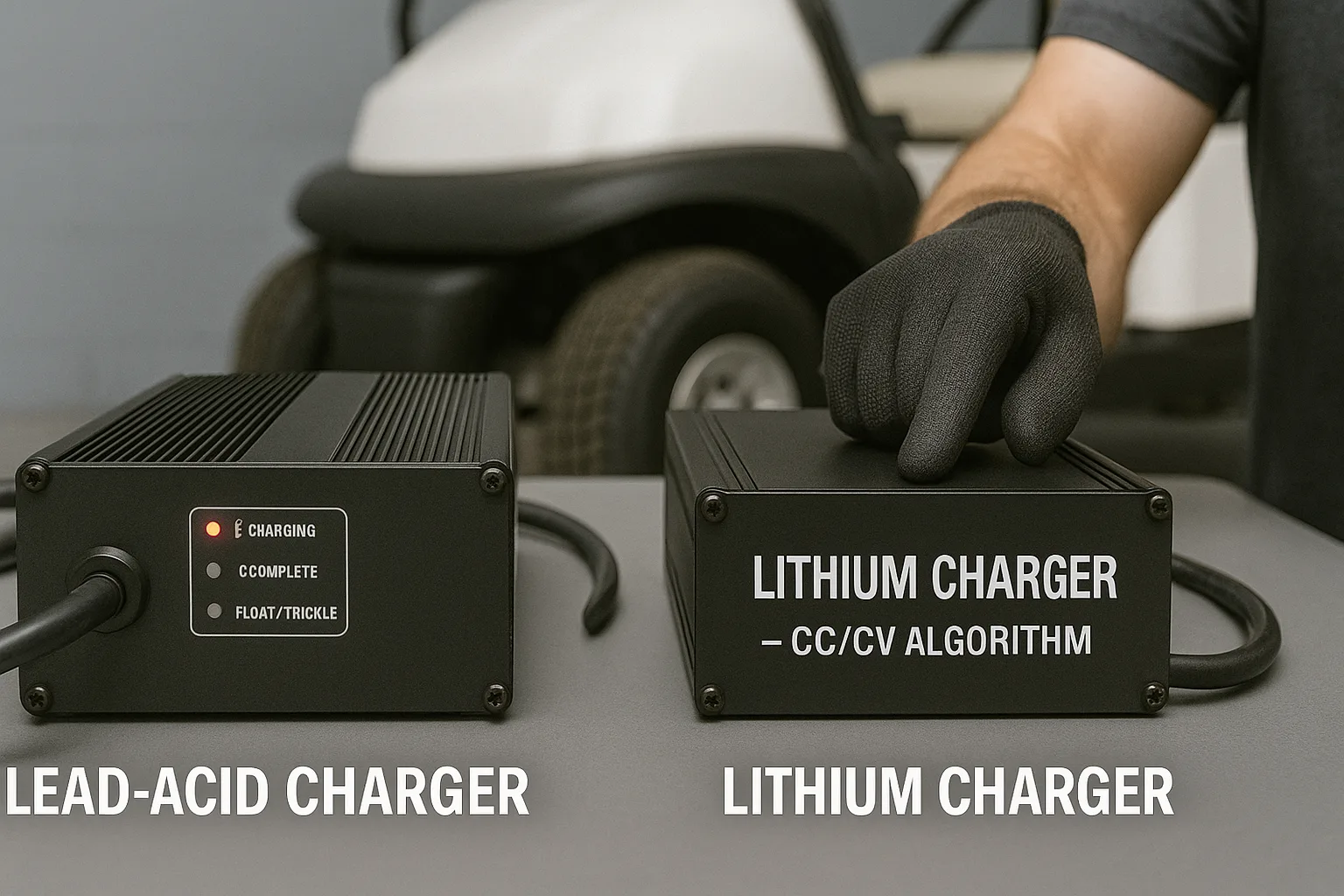 Close-up of lead-acid charger with float/trickle indicator next to a lithium charger labeled “CC/CV Algorithm,” technician pointing to the lithium charger.
