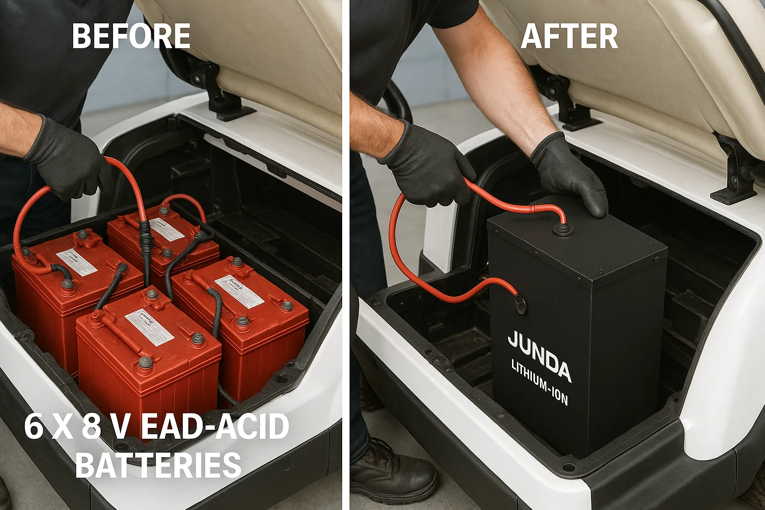 Side-by-side comparison showing six 8V lead-acid batteries being replaced with a single 48V Junda lithium battery under the golf cart seat.