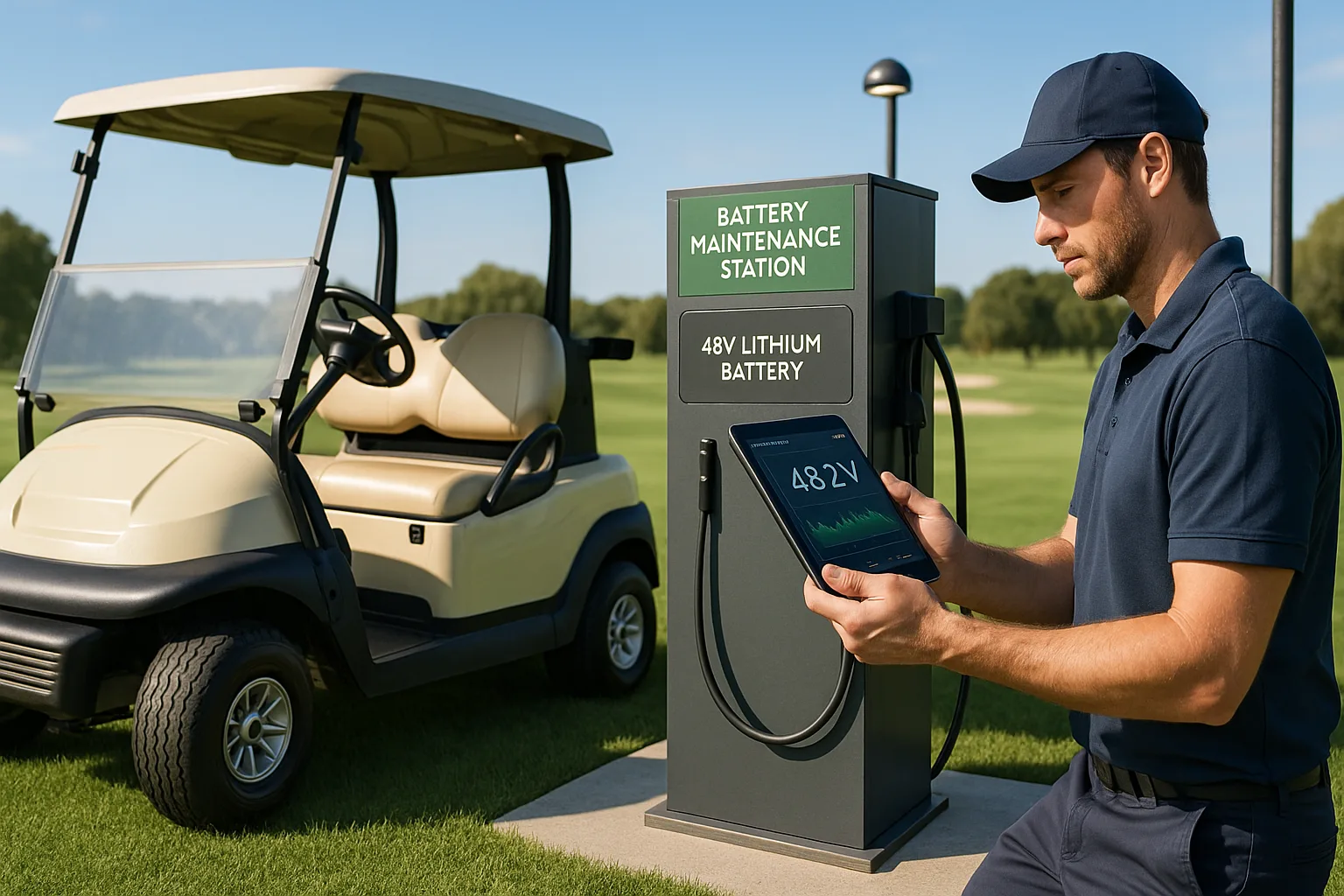 Technician inspecting a 48V lithium golf cart battery at a maintenance station with tablet showing voltage data on a sunny golf course.