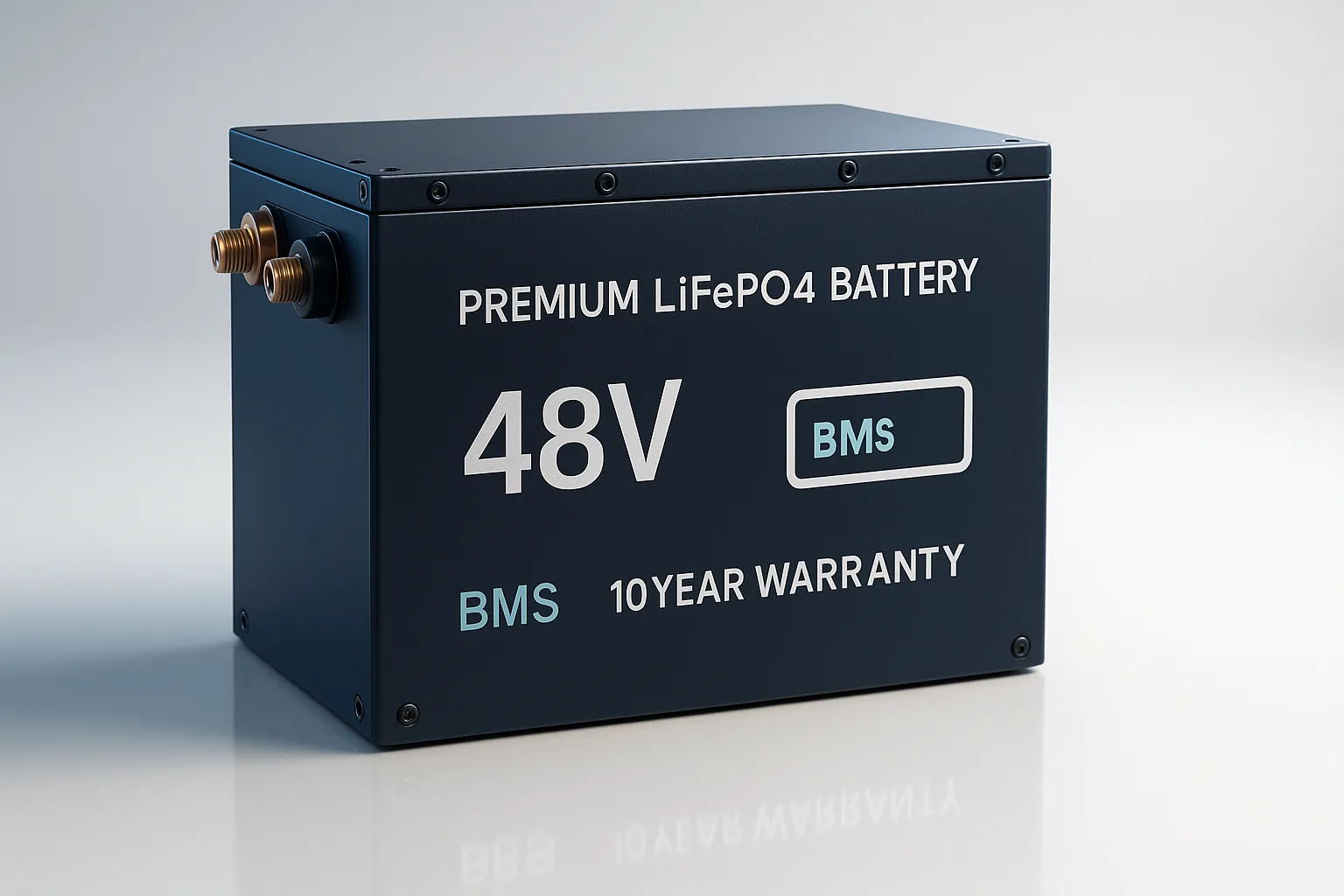Premium 48V LiFePO4 battery pack with BMS and 10-year warranty label displayed on reflective surface under soft white light.