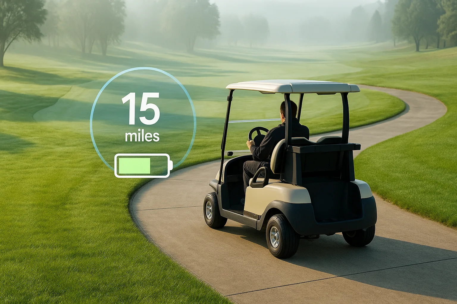 Golf cart driving on a misty morning fairway path with digital overlay showing remaining battery range and mileage indicator.