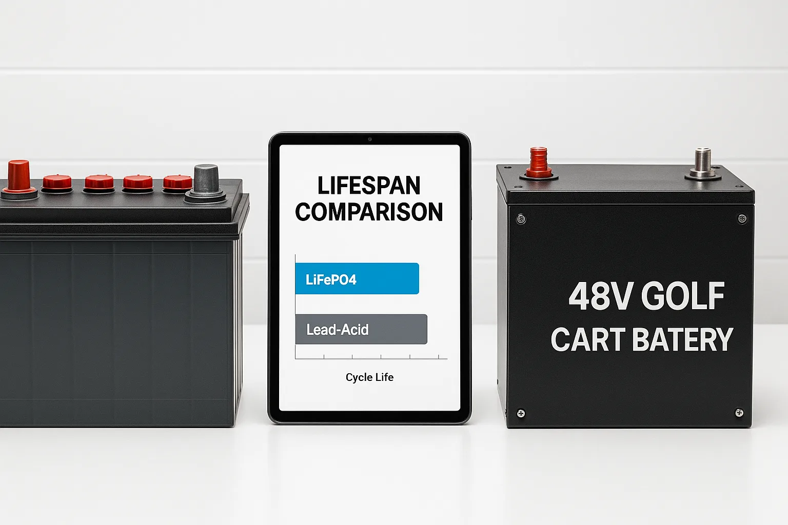 Side-by-side display of 48V lead-acid and LiFePO4 golf cart batteries with tablet showing lifespan comparison chart in a clean white workshop.