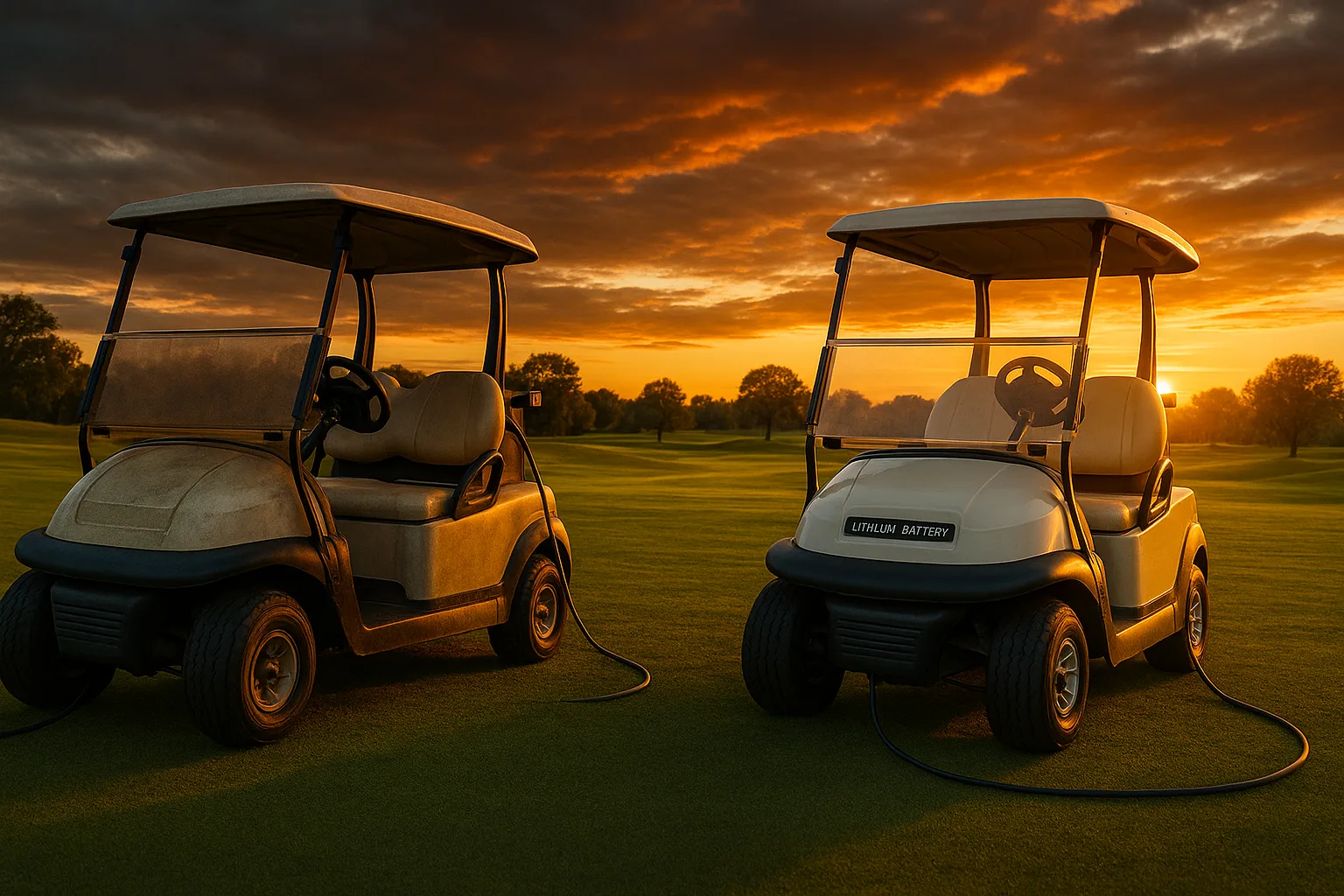 Side-by-side golf carts on a green fairway at sunset showing comparison between old lead-acid and new lithium-powered models with charging cables.