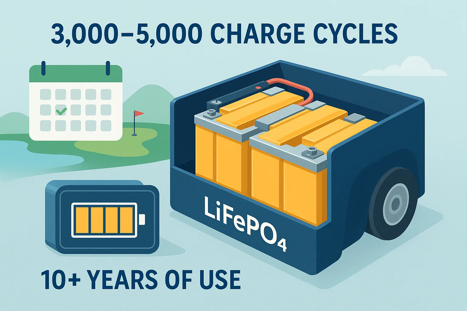 Cross-section infographic of a LiFePO4 battery pack showing internal prismatic cells, labeled “3,000–5,000 Charge Cycles,” with golf course and calendar background.