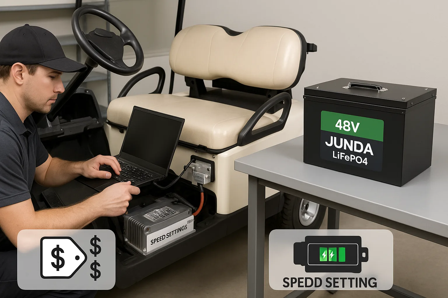 Technician in a workshop connecting a laptop to a golf cart motor controller labeled “Speed Settings,” with a 48V Junda LiFePO4 battery on a nearby table.