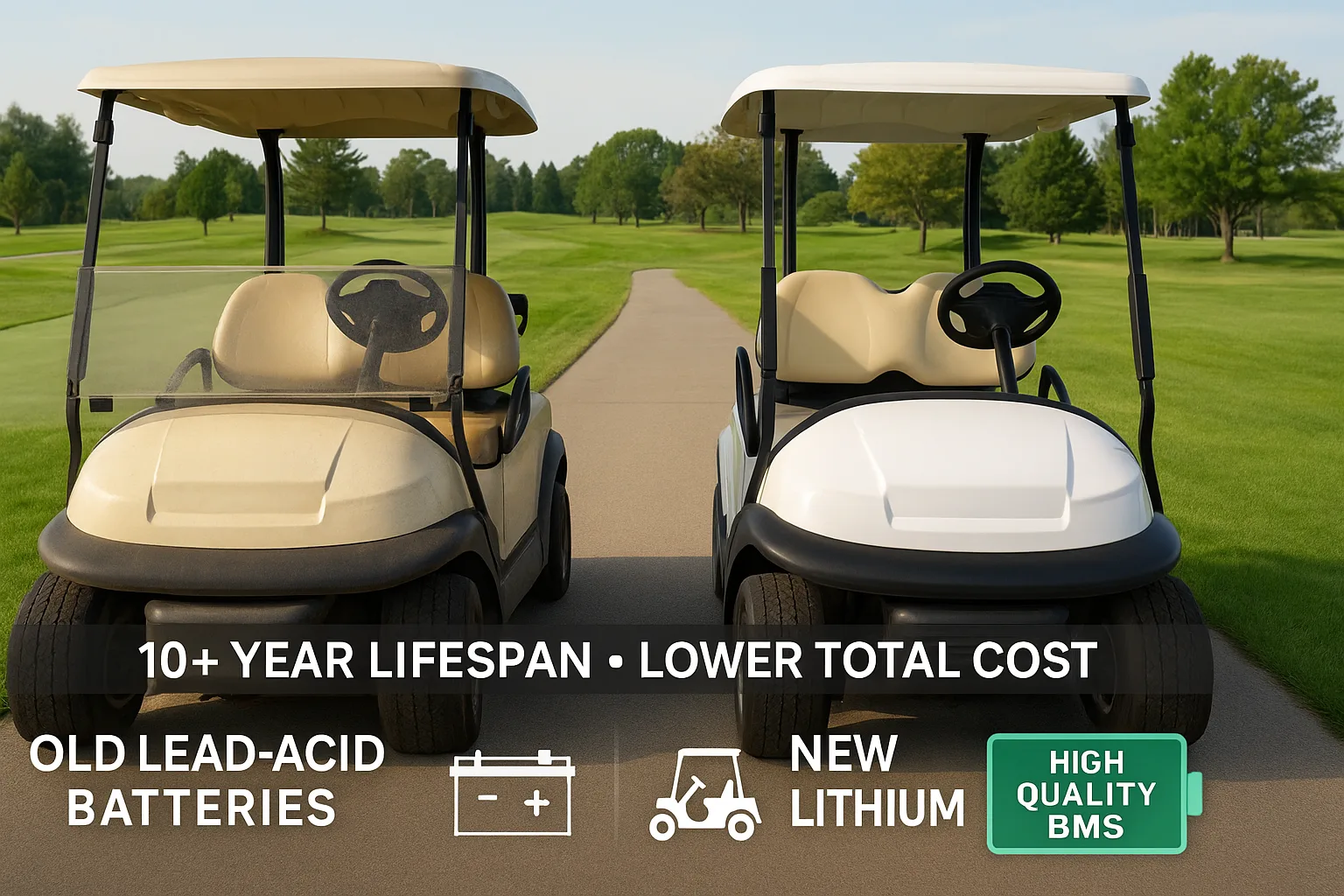 Two golf carts side by side: one old with lead-acid batteries, the other new with lithium batteries. Text overlay shows “10+ Year Lifespan – Lower Total Cost.”