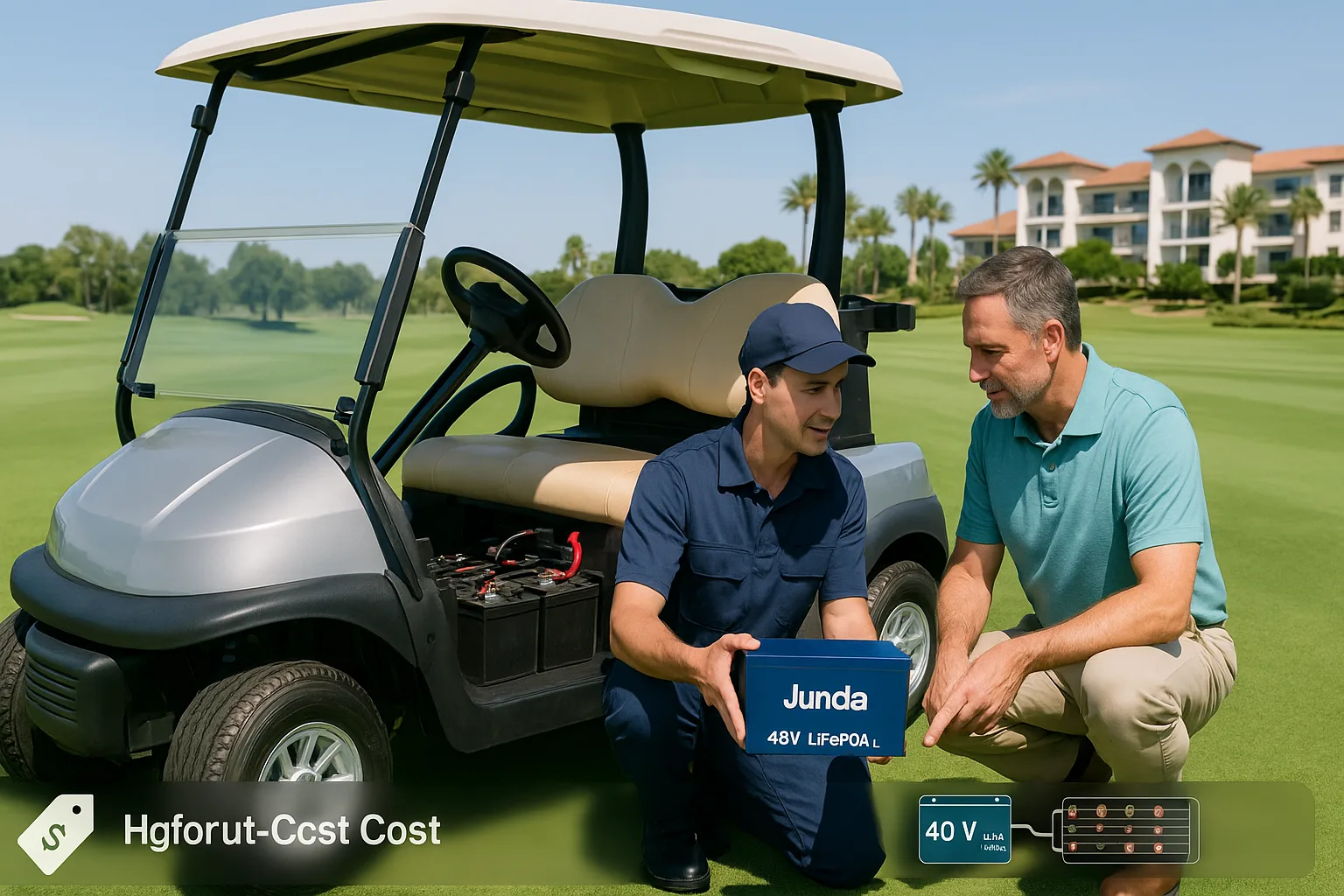 Mechanic showing a 48V LiFePO4 Junda battery to a customer next to a modern golf cart on a green course, with old lead-acid batteries nearby.