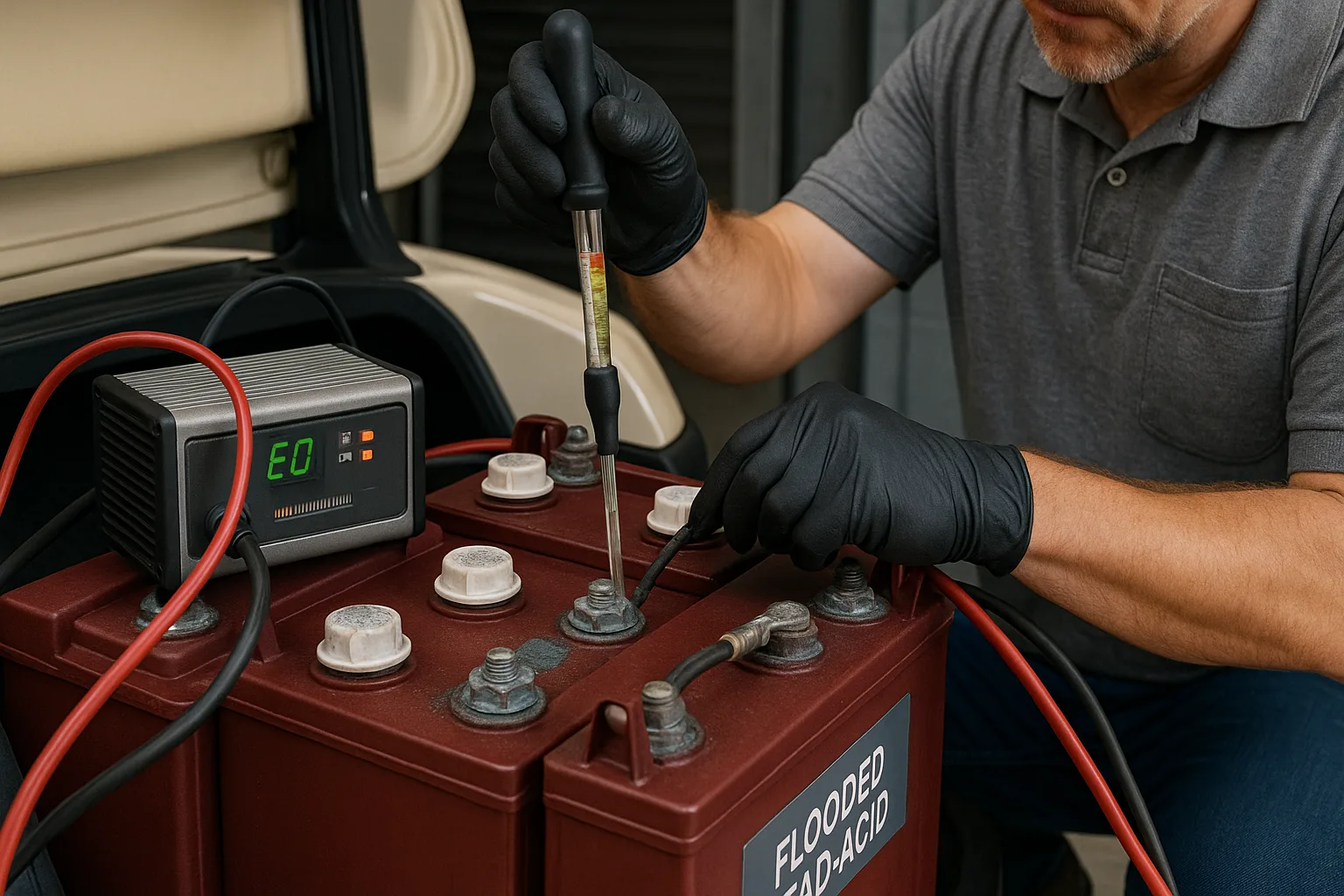Technician using a hydrometer to test flooded lead-acid golf cart batteries during equalization charge in an industrial workshop.