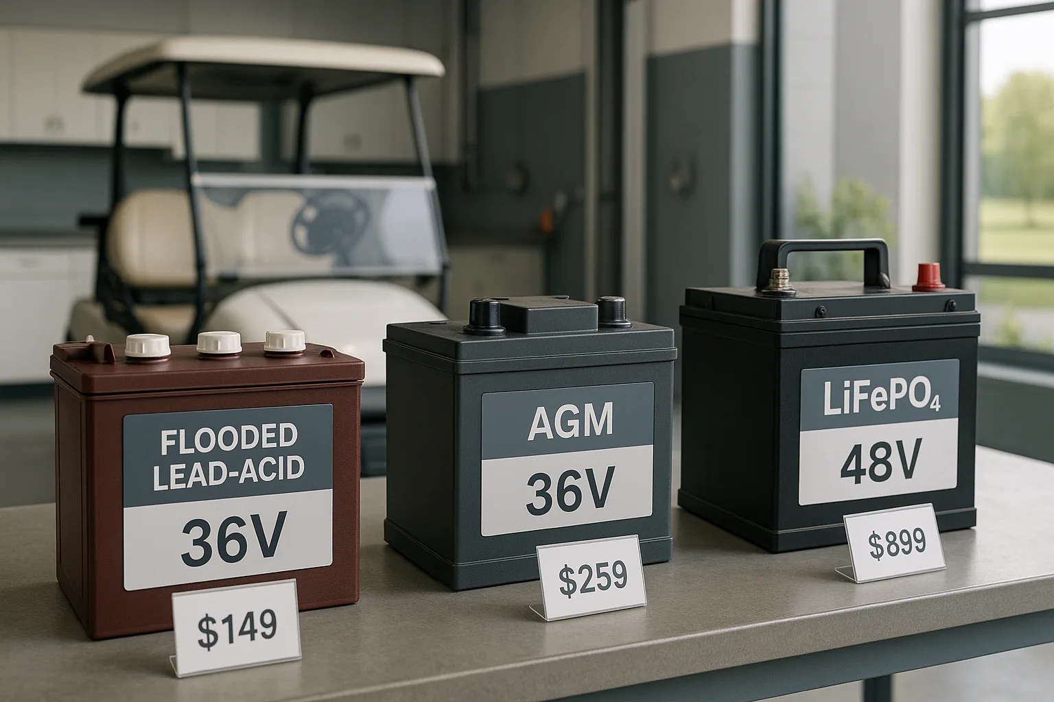 Flooded lead-acid, AGM, and LiFePO4 golf cart batteries labeled 36V and 48V displayed on a workbench with price tags in a bright modern workshop.