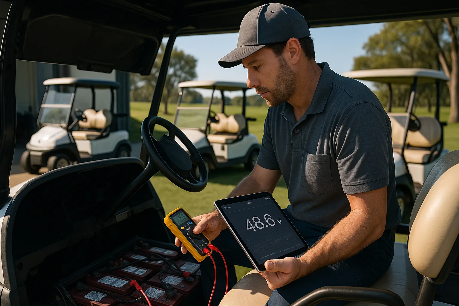 Technician inspecting a golf cart battery pack using a multimeter and tablet displaying 48.6V reading, with parked golf carts in the background on a sunny course.