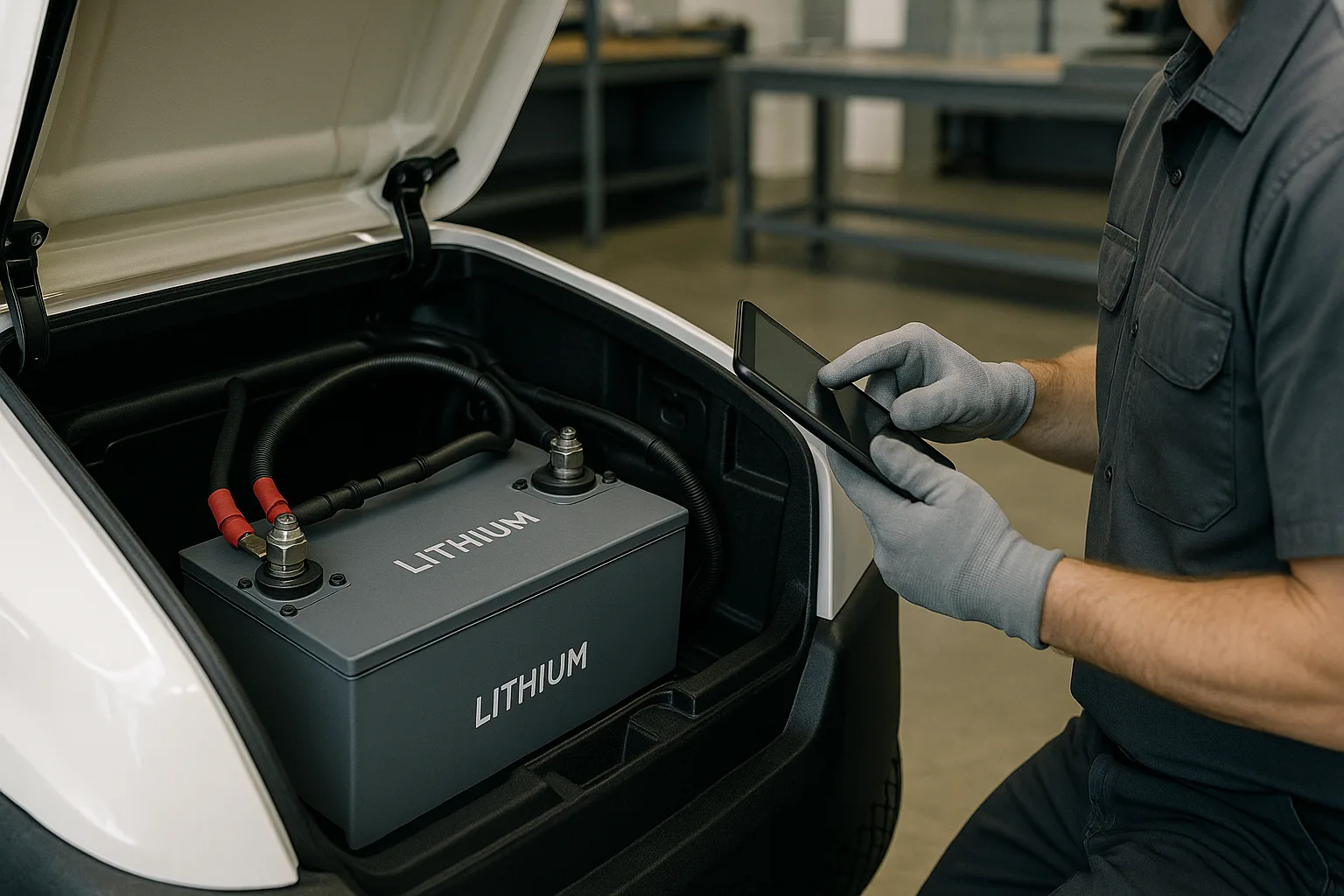 Technician inspecting clean lithium golf cart battery compartment using digital tablet in professional workshop