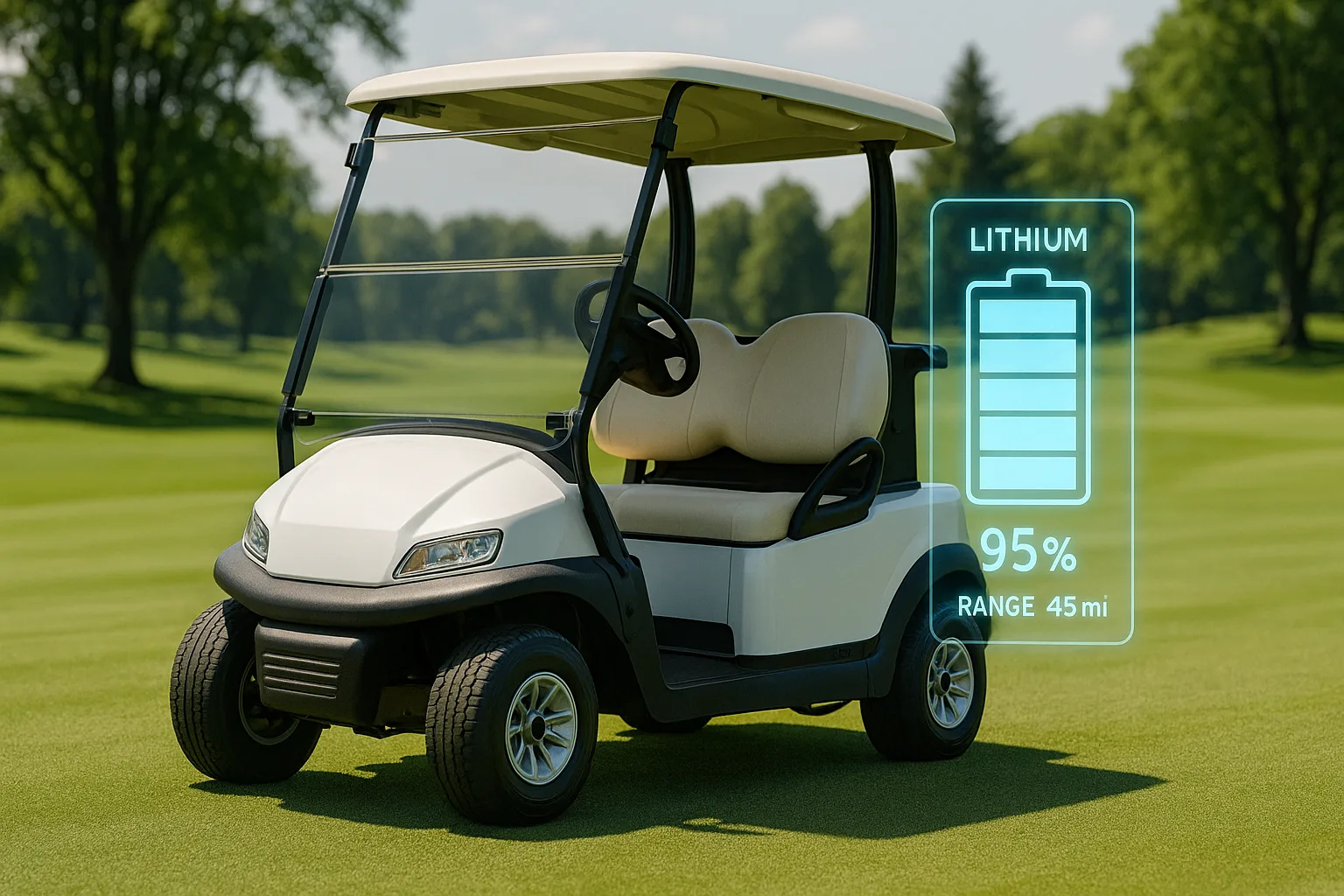 Modern golf cart powered by lithium battery driving on sunny green golf course with digital range overlay