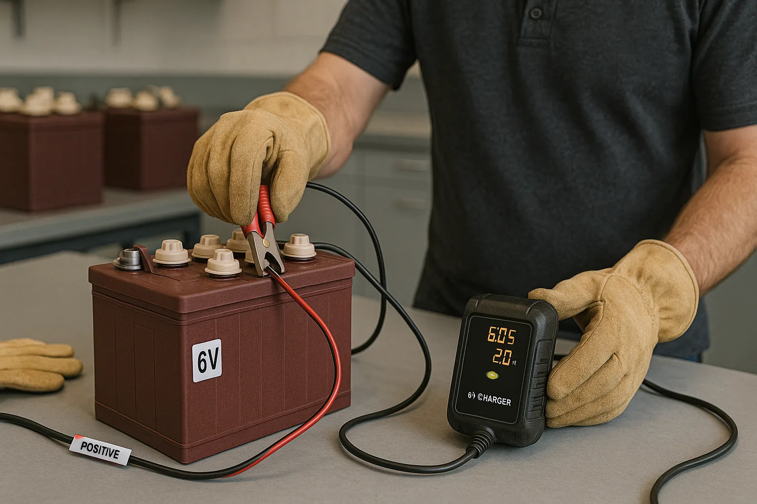 Mechanic using 6V charger to charge a single lead-acid golf cart battery with labeled cables and safety gloves