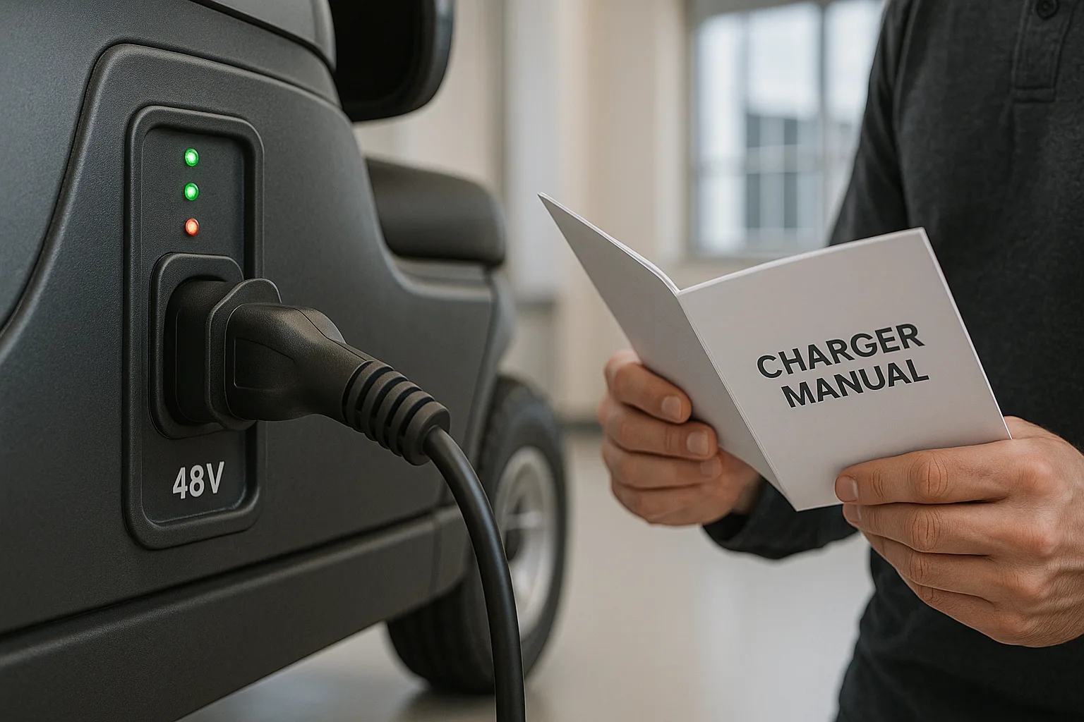 Close-up of 48V golf cart charging port with charger plug inserted and LED indicators glowing green