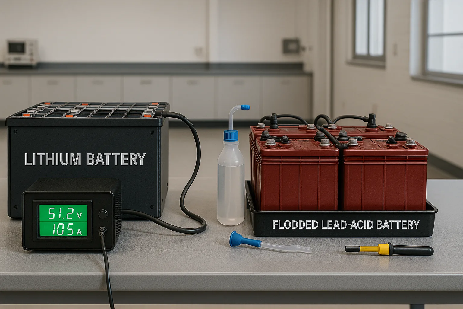 Comparison of lithium and flooded lead-acid golf cart batteries being charged with tools and chargers in a workshop