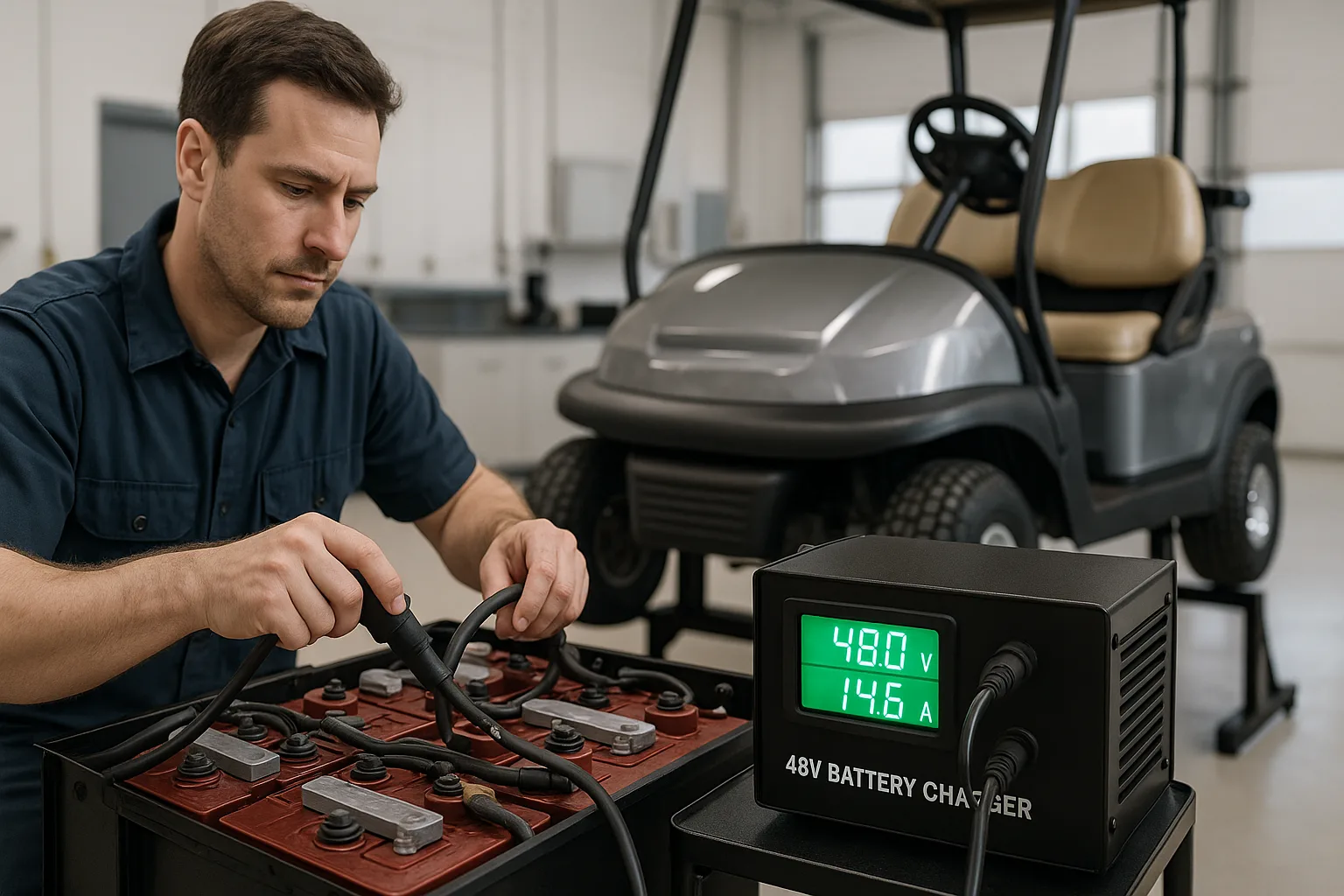 Technician charging a 48V golf cart battery pack with charger display showing voltage and current in a clean workshop
