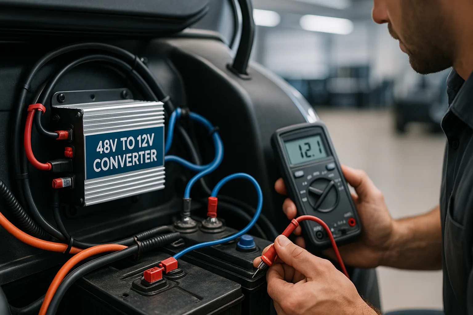 Mechanic verifying output voltage of a 48V to 12V DC-DC converter installed in golf cart wiring system with neat cabling and fuses.